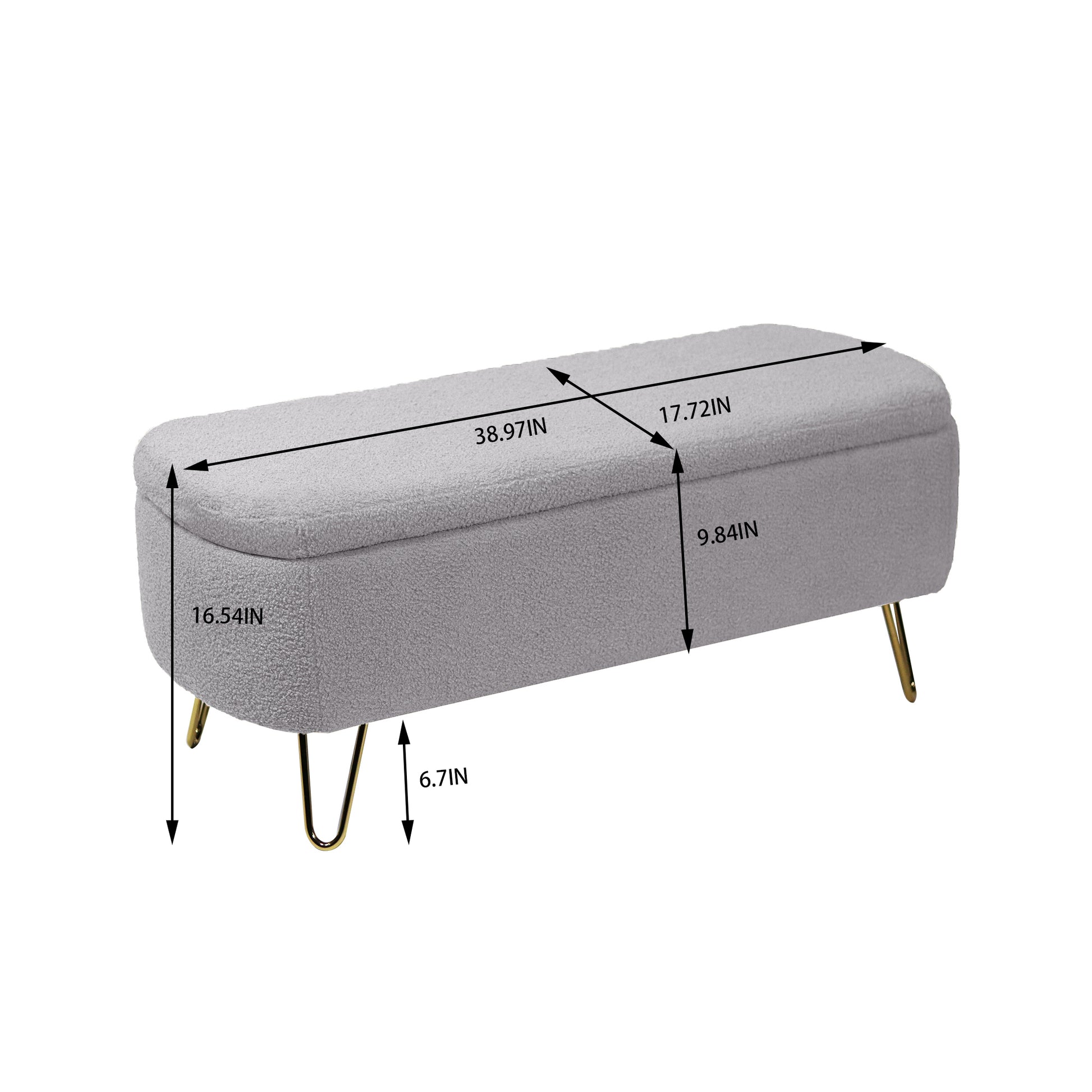 Grey teddy fabric storage ottoman with gold hairpin legs