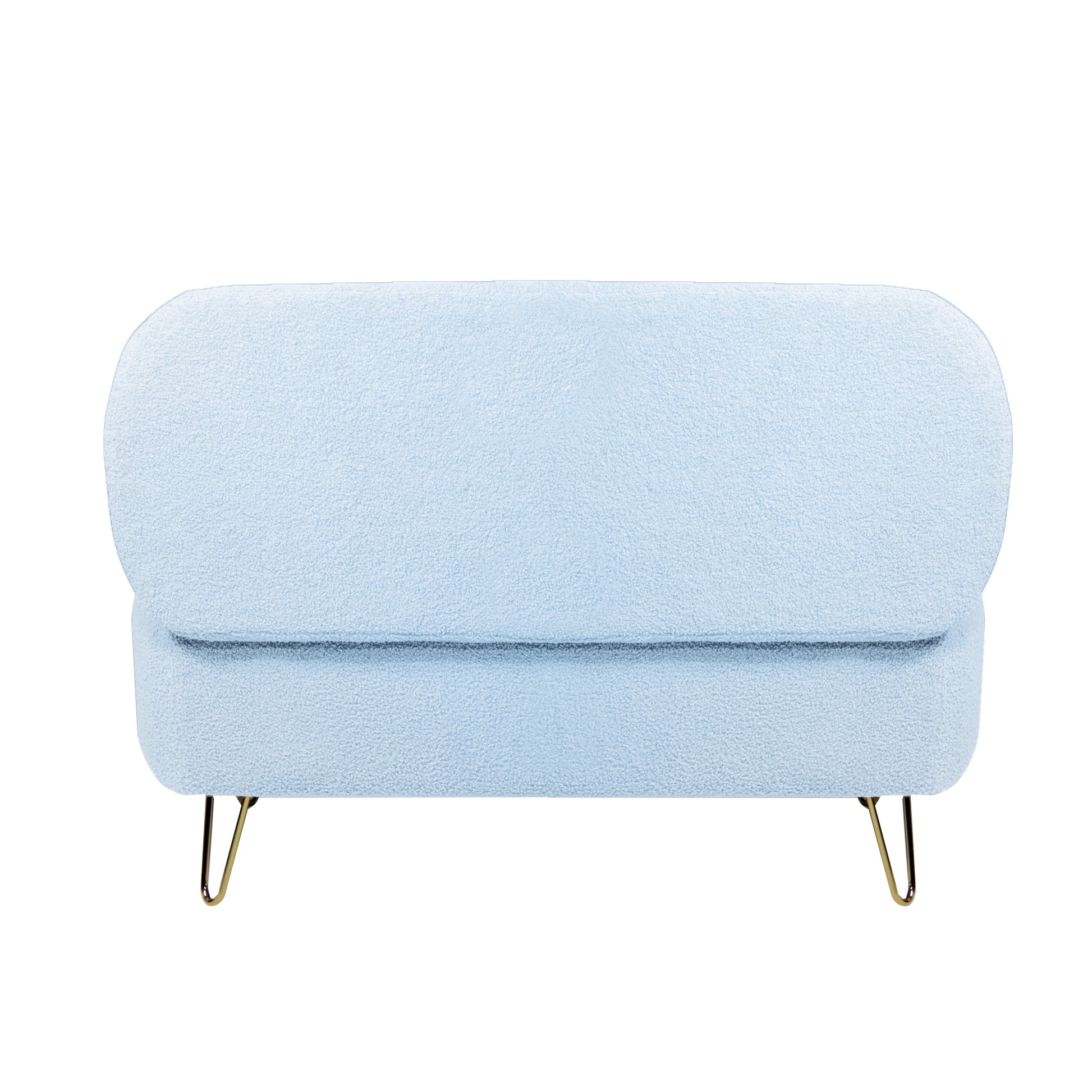 Light blue boucle fabric ottoman with gold hairpin legs