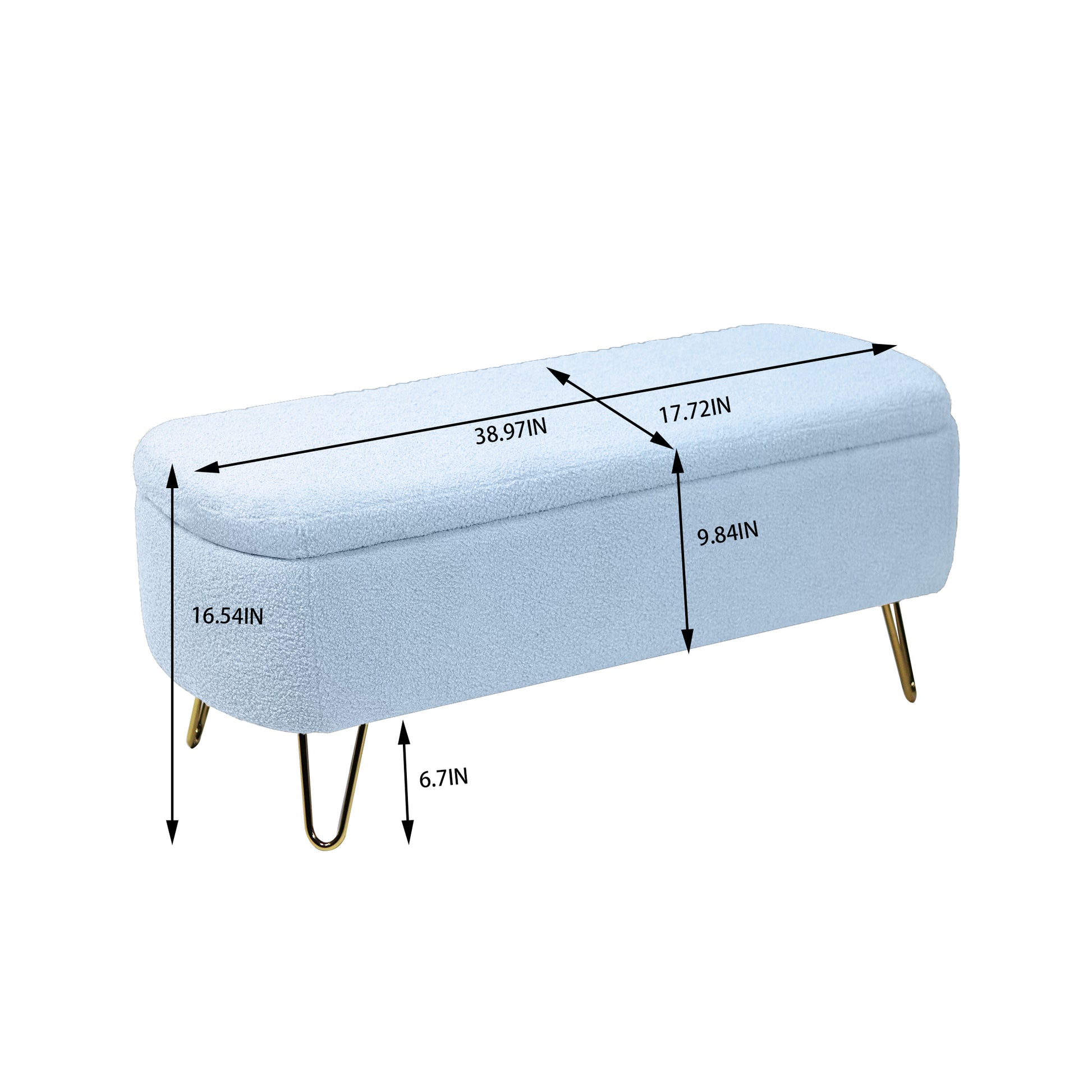 Light blue plush storage ottoman with gold legs