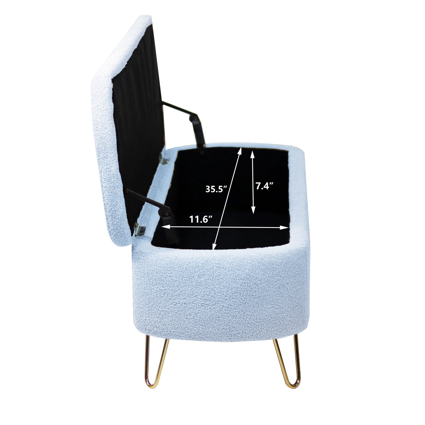 Light blue sherpa storage bench with gold hairpin legs