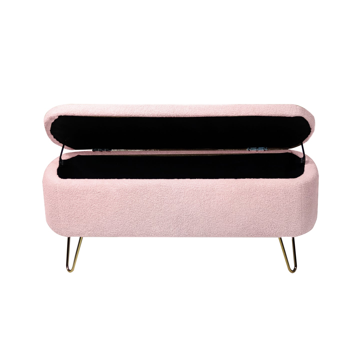 Pink teddy fabric storage bench with gold hairpin legs open to reveal black interior