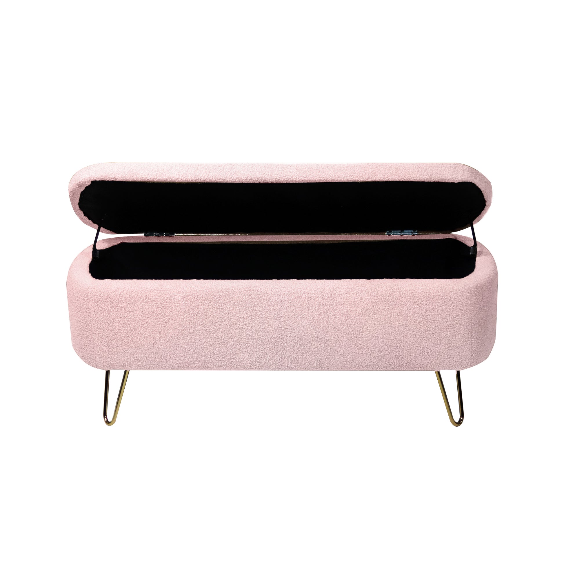 Pink teddy fabric storage bench with gold hairpin legs open to reveal black interior