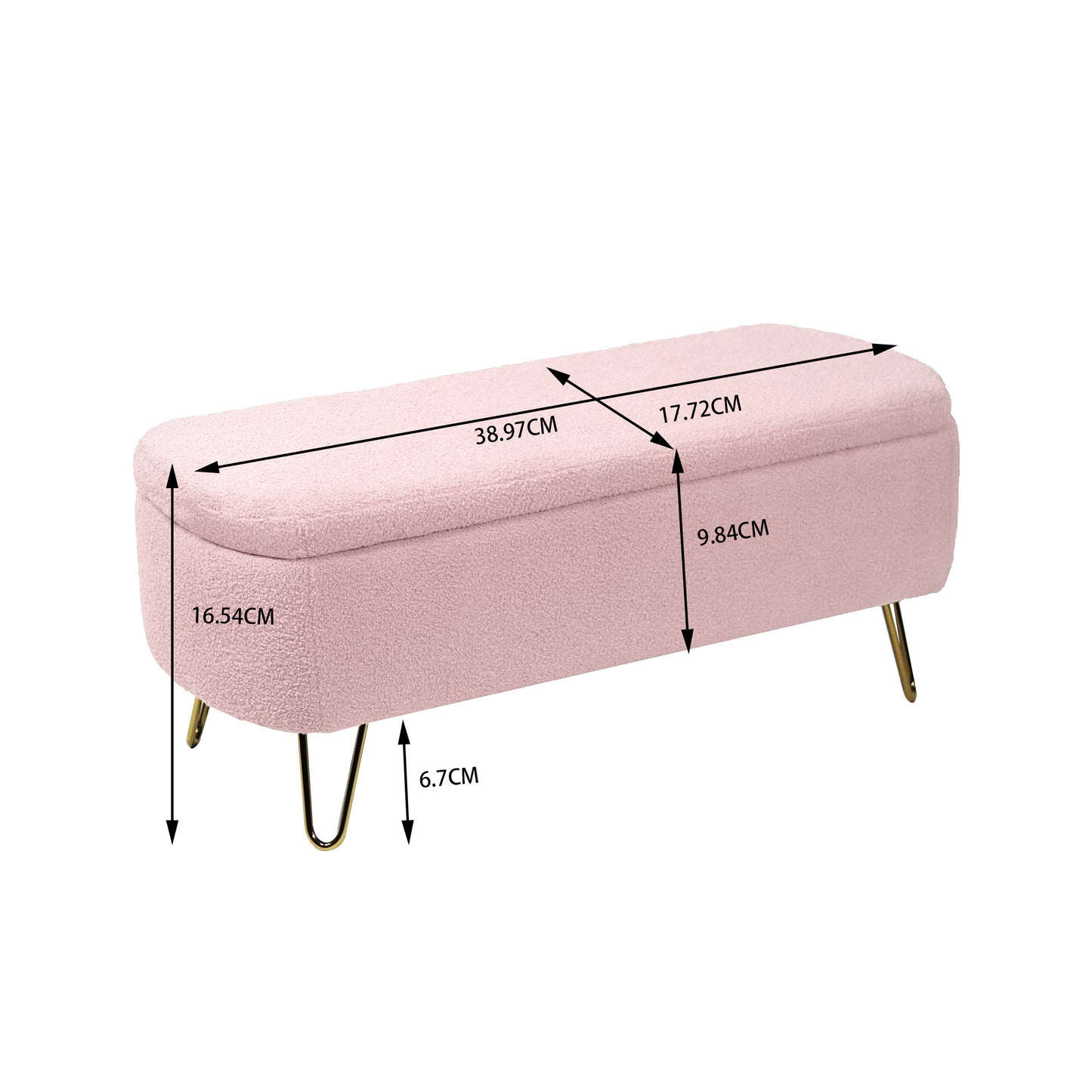Pink teddy fabric storage ottoman with gold hairpin legs and dimensions shown