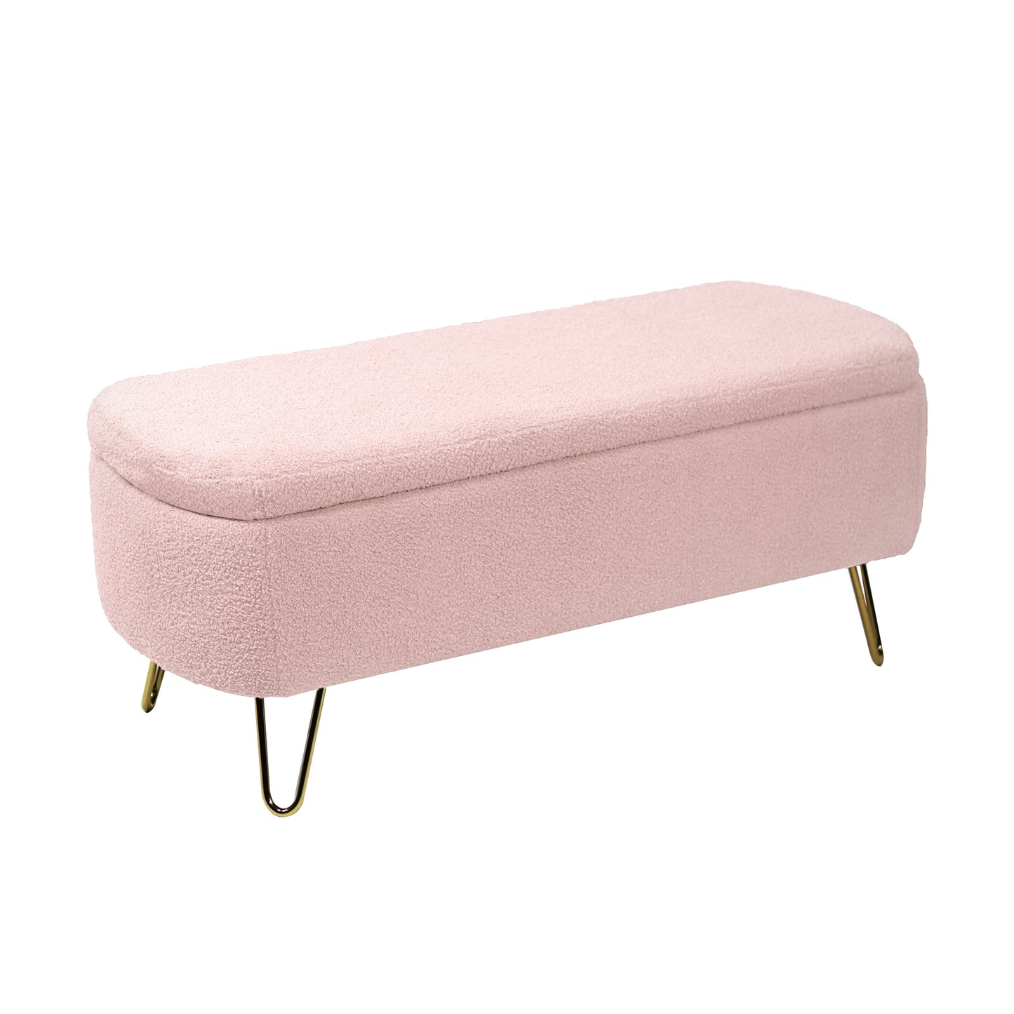 Pink boucle storage bench with gold hairpin legs