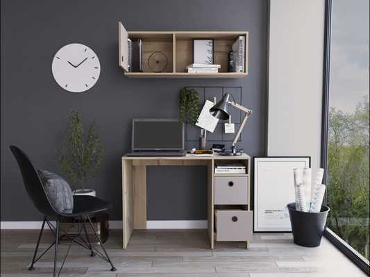 Modern oak desk with laptop and grey chair