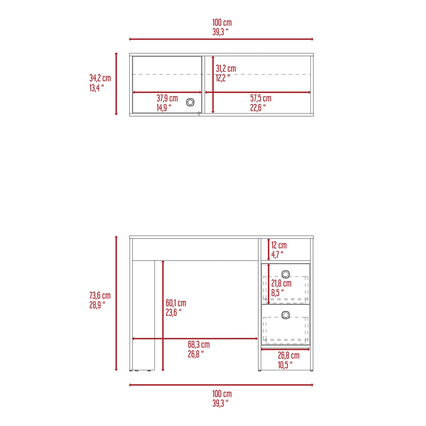 Line drawing of a white modular storage unit with dimensions