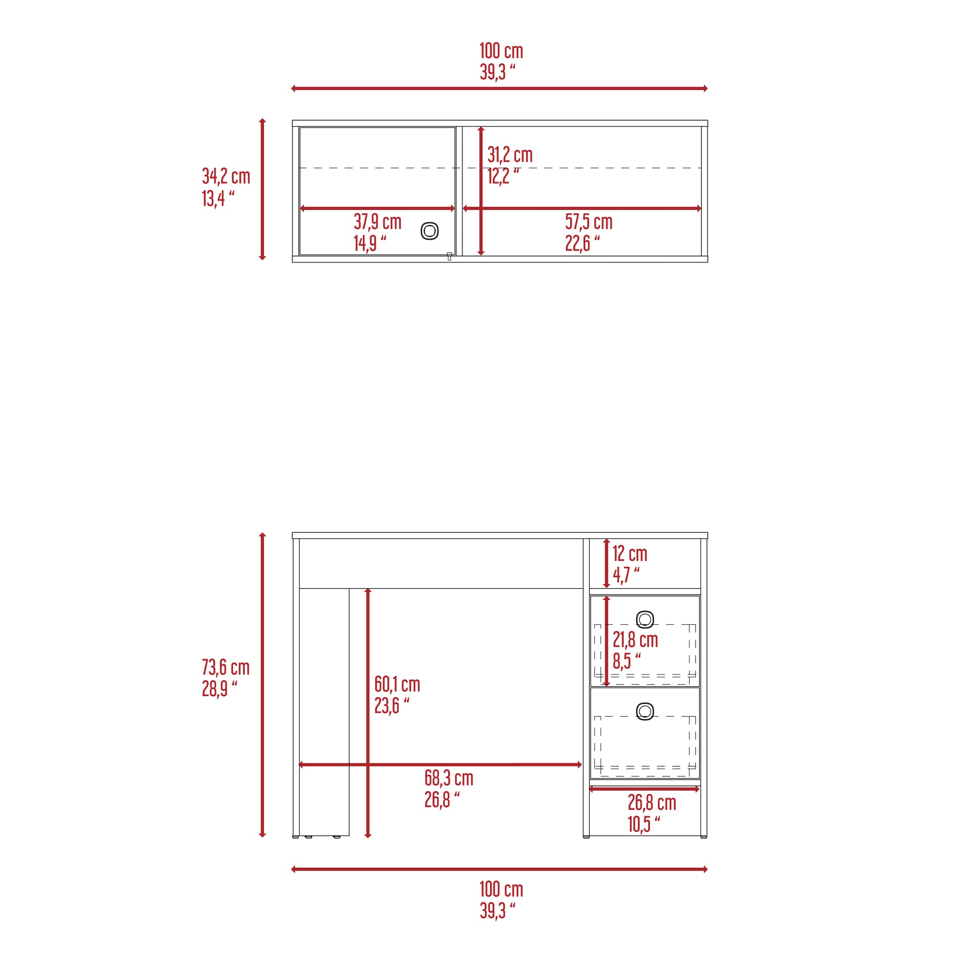 Line drawing of a white modular storage unit with dimensions