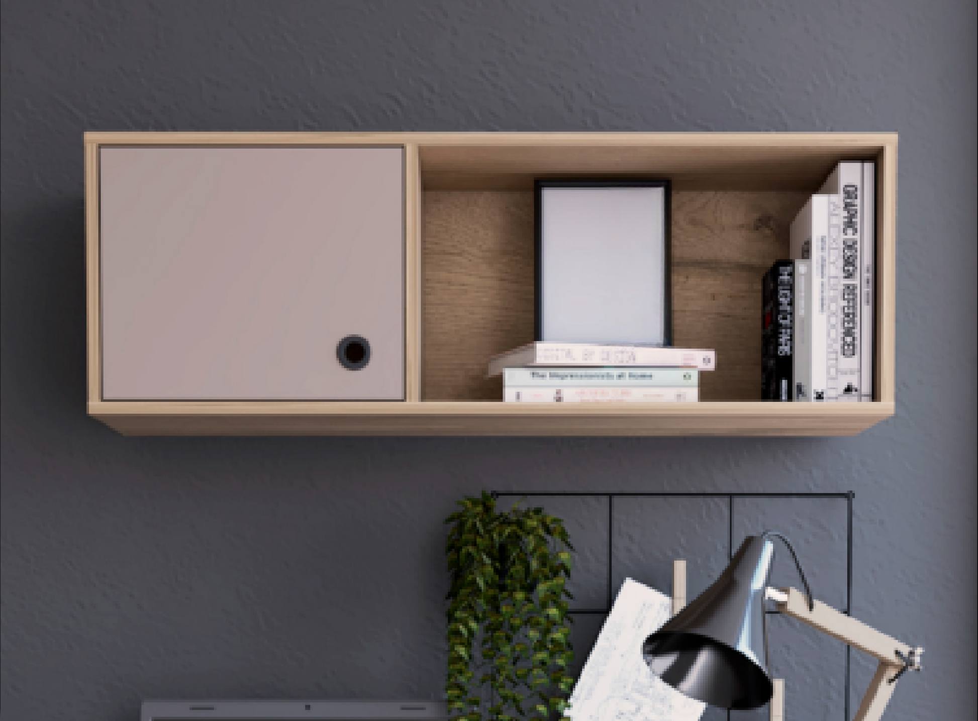 Floating cabinet with light wood frame and taupe door