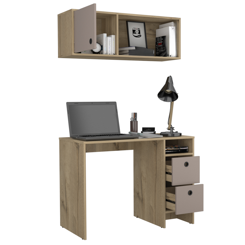 Modern oak wood student desk with open shelf and two drawers