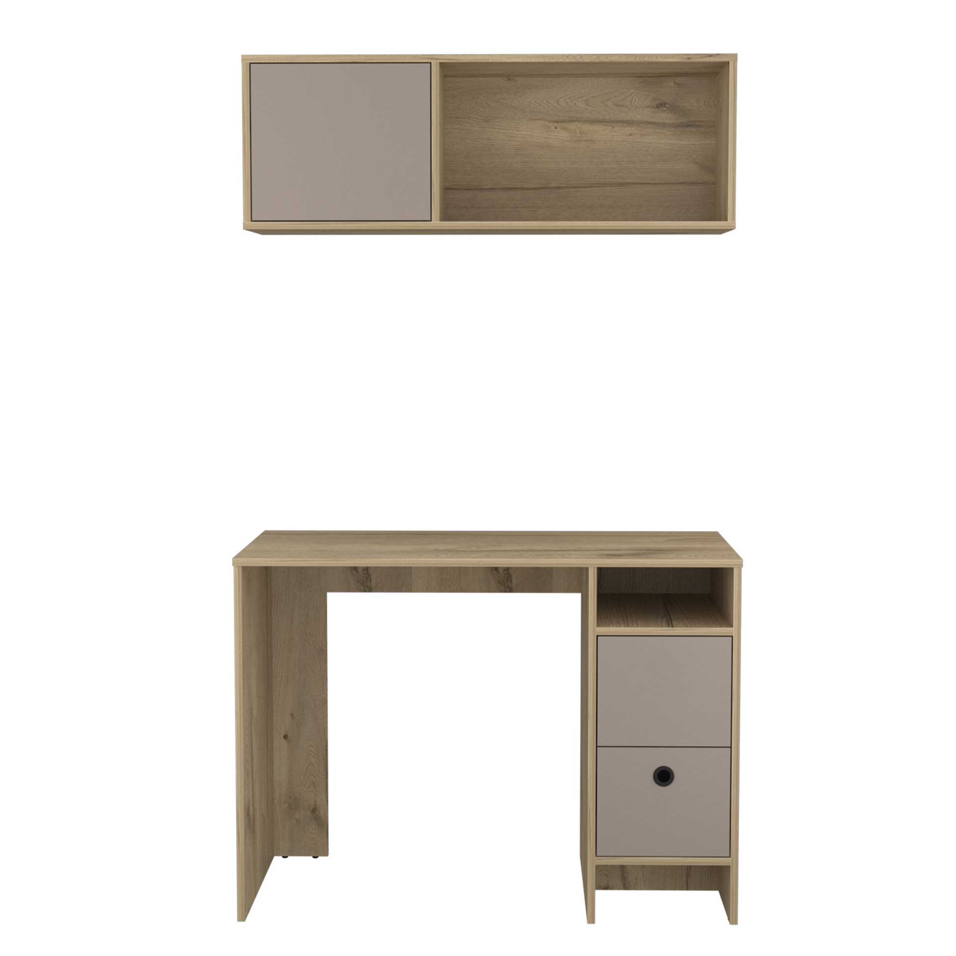 Modern wood desk with taupe drawer fronts and matching wall shelf