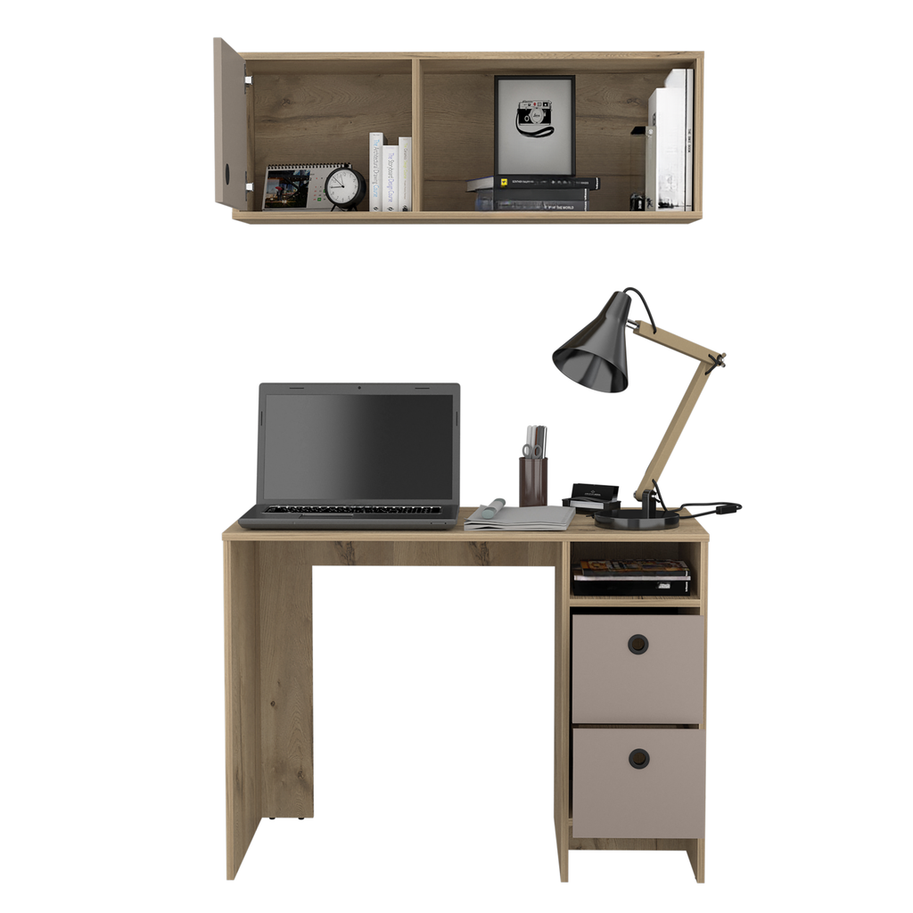 Modern wood grain desk with laptop and adjustable lamp