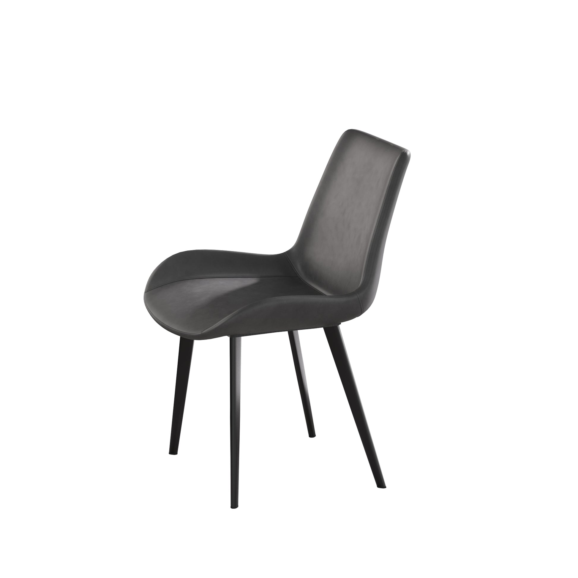 Gray upholstered dining chair with modern black metal legs