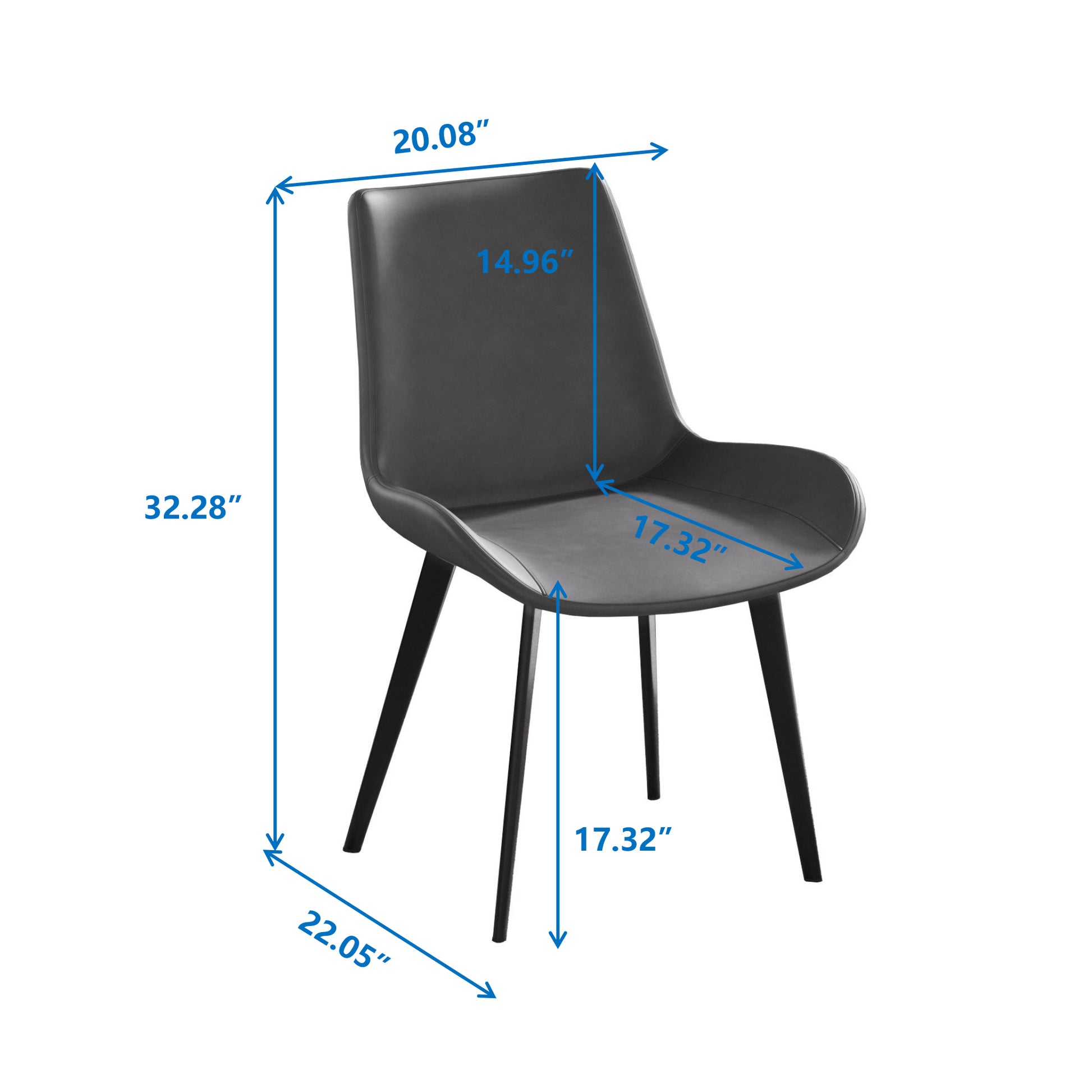 Black faux leather dining chair with tapered legs and ergonomic backrest