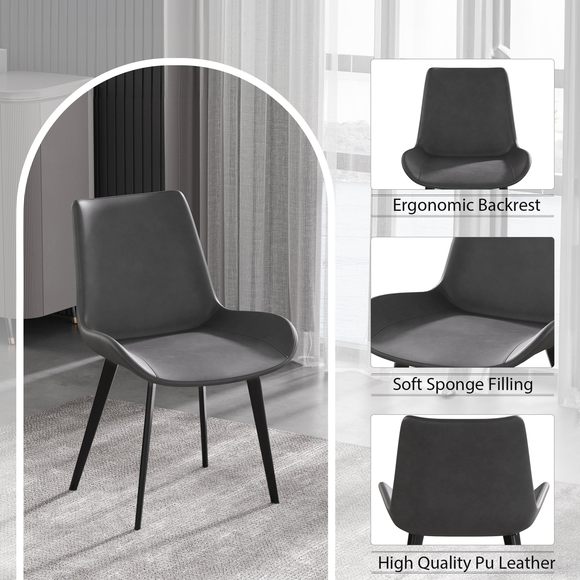Dark gray PU leather dining chair with black metal legs