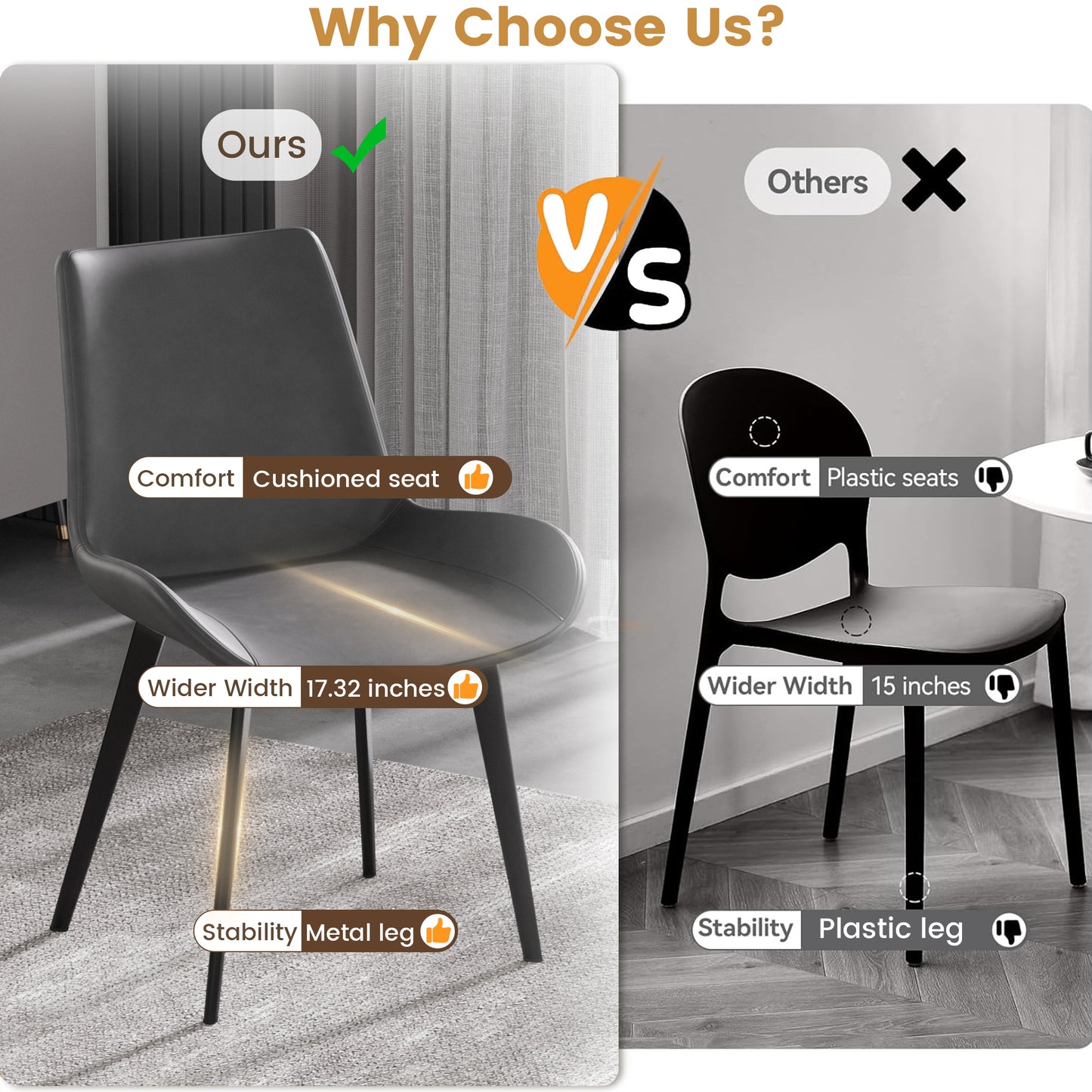 Dark gray upholstered dining chair with metal legs
