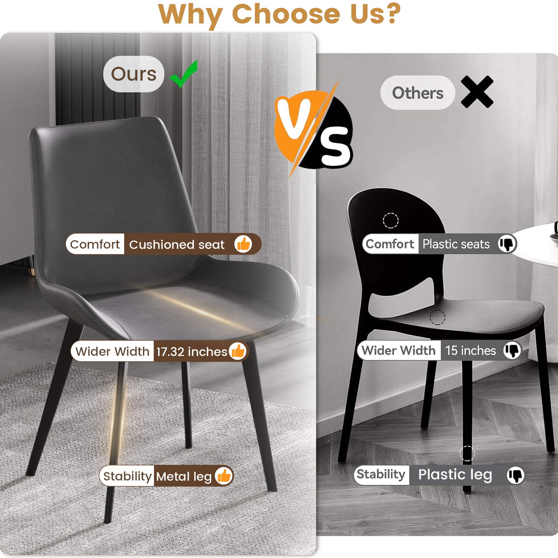 Dark gray upholstered dining chair with metal legs