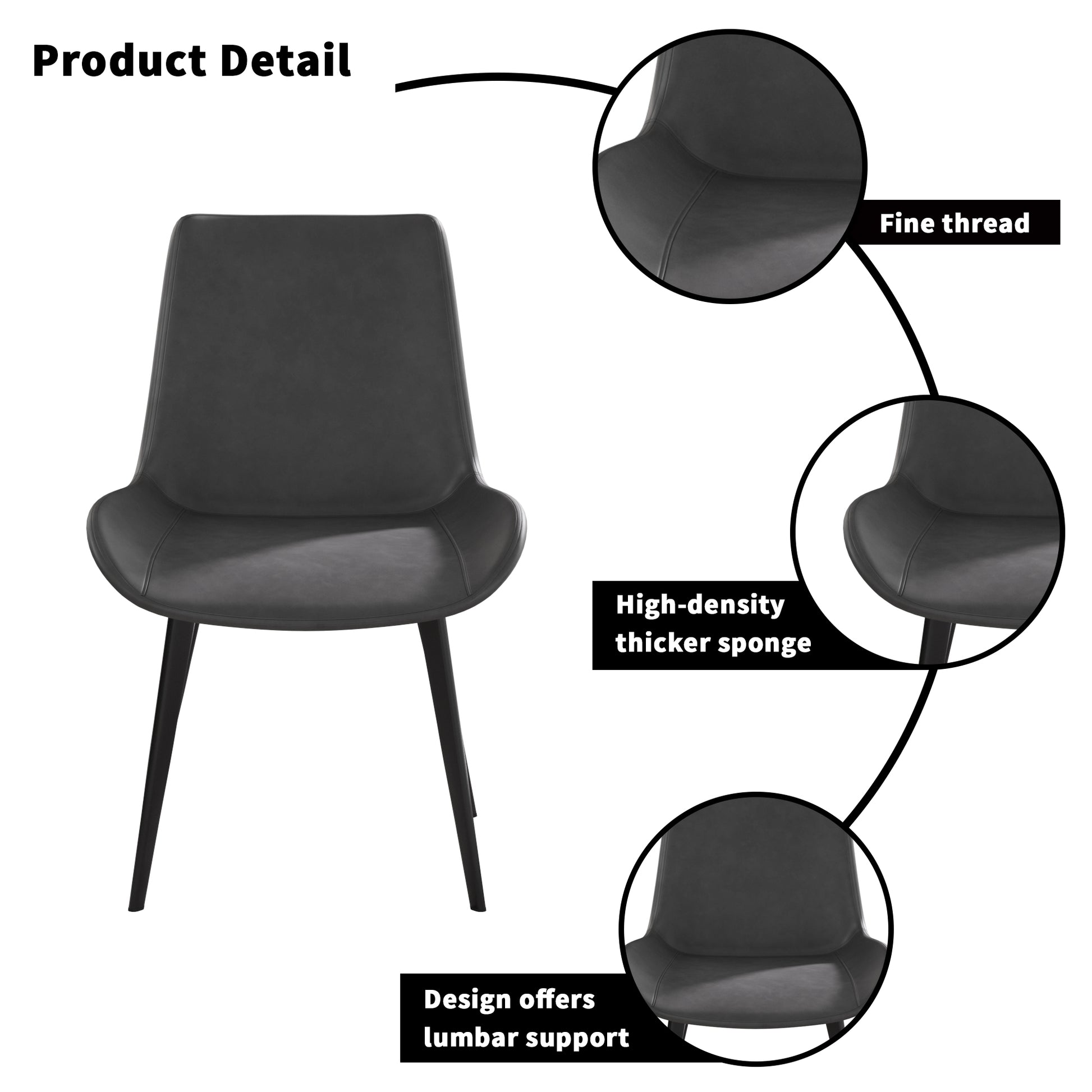 Black faux leather dining chair with fine stitching details