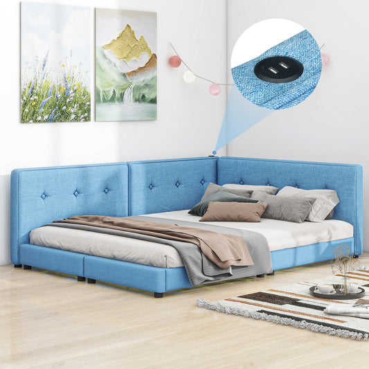 Blue upholstered corner bed with tufted headboard and integrated USB charging ports