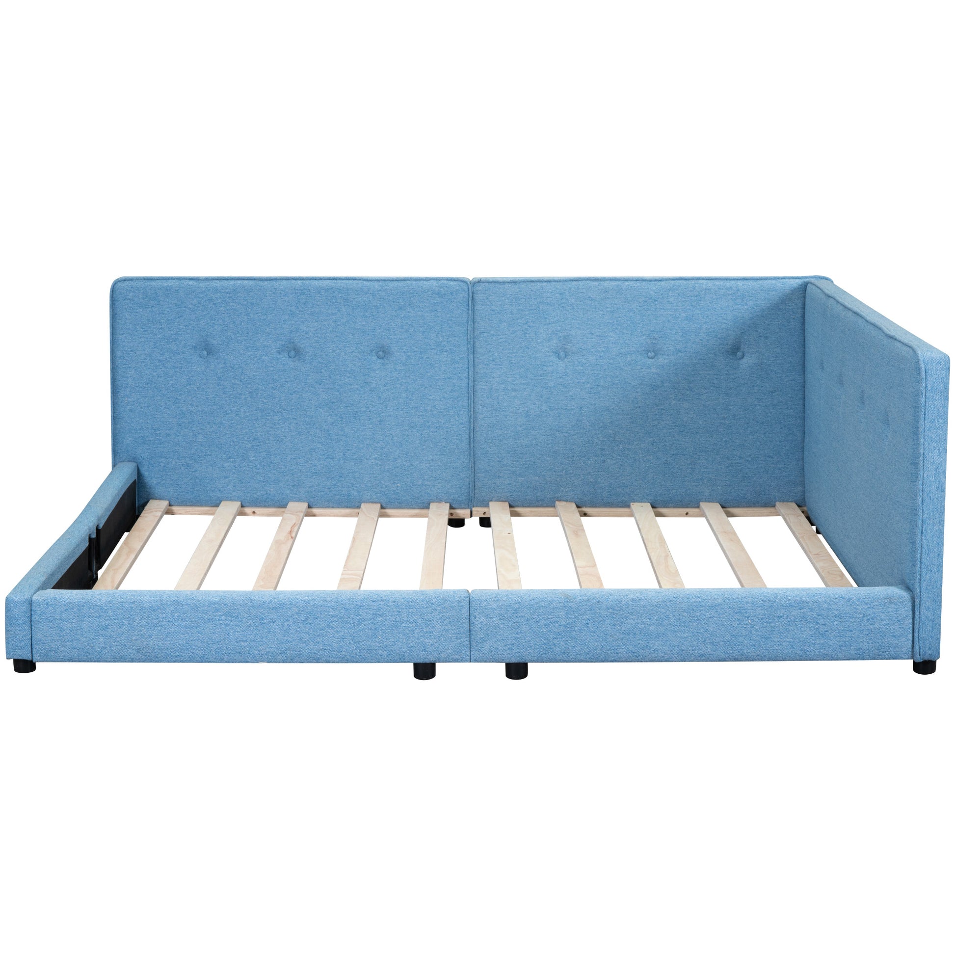 Tufted blue upholstered daybed frame with wooden slats