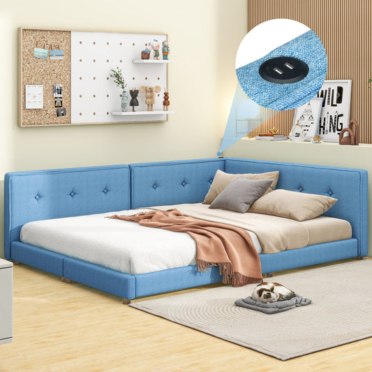 Tufted blue upholstered corner bed with white bedding and brown throw blanket