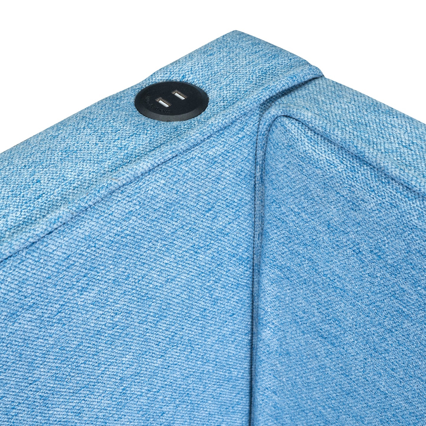 Blue upholstered armrest with integrated USB charging port