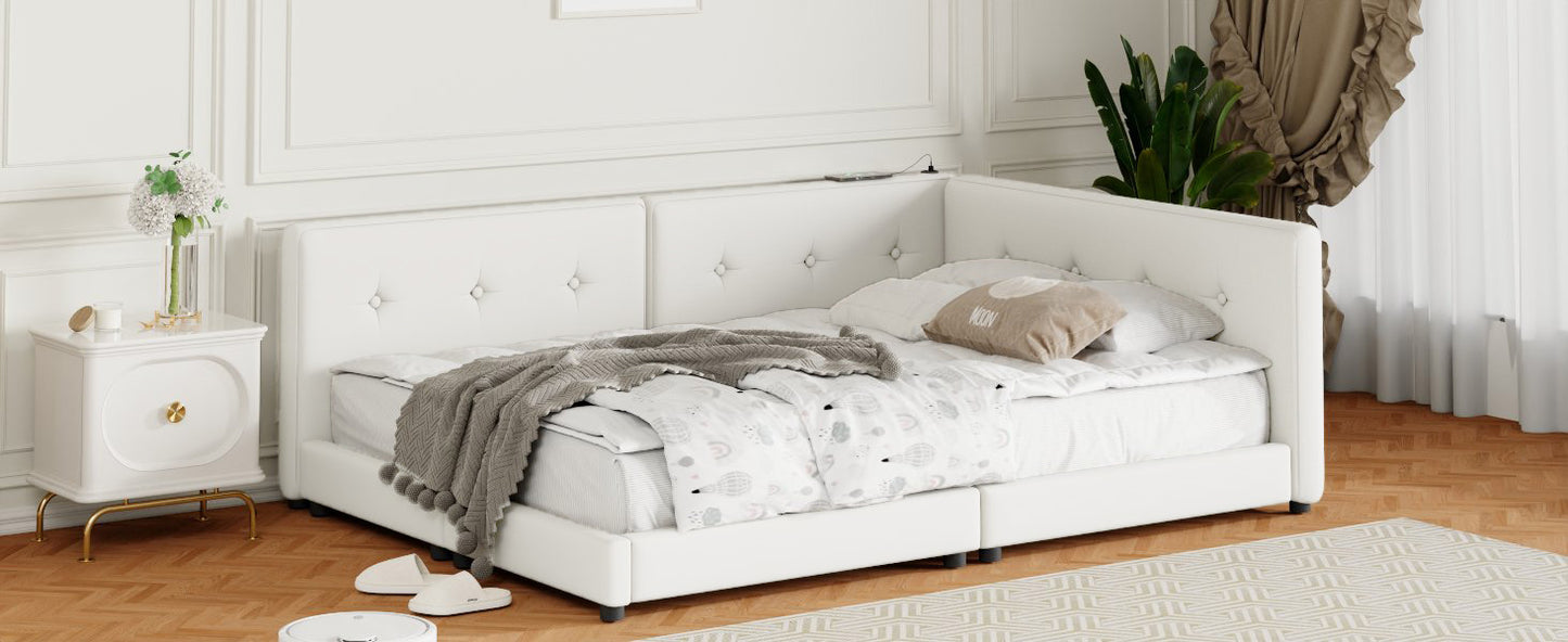 White upholstered platform bed with tufted headboard and integrated bedside shelf