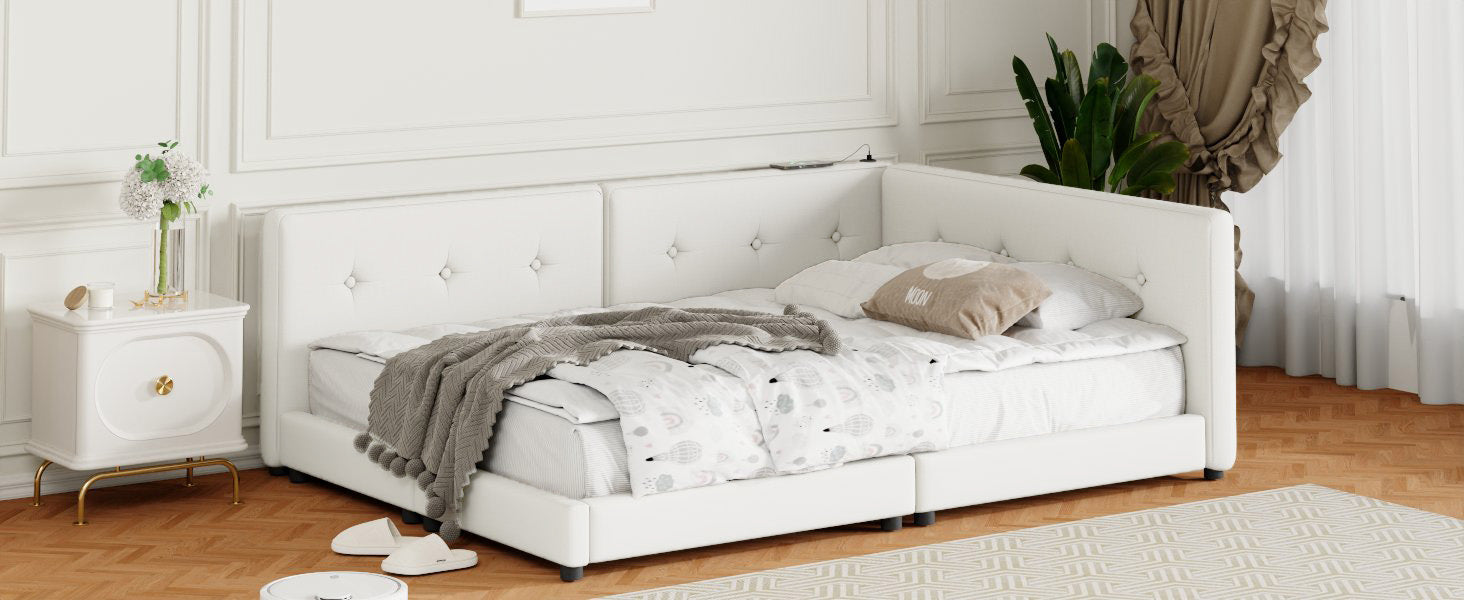 White upholstered platform bed with tufted headboard and integrated bedside shelf