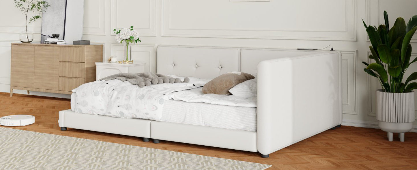 White upholstered twin bed with tufted headboard