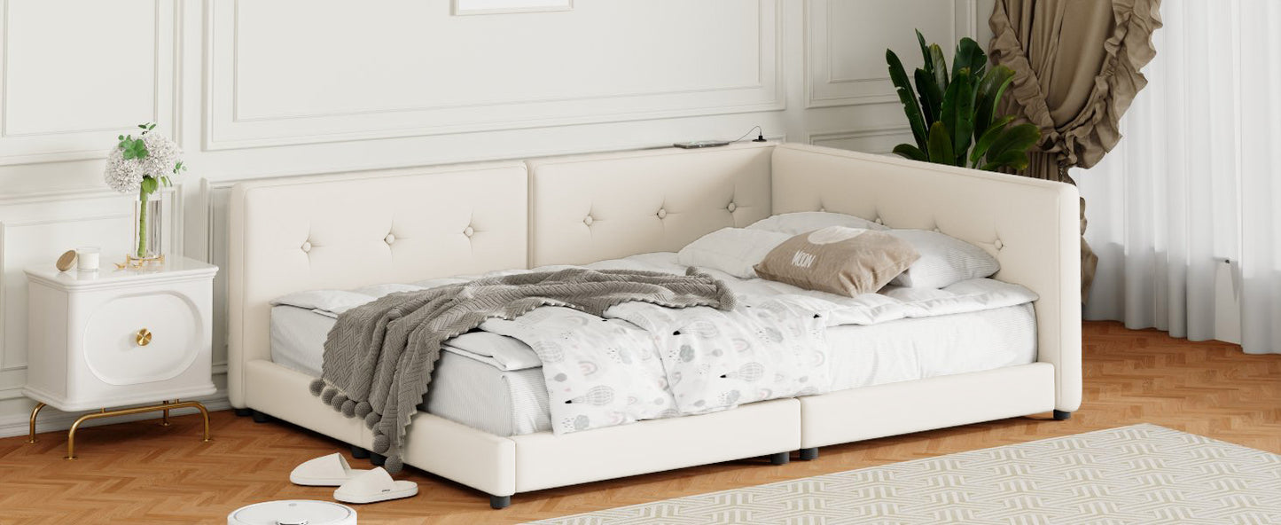 Cream tufted upholstered corner bed with grey throw blanket and decorative pillows