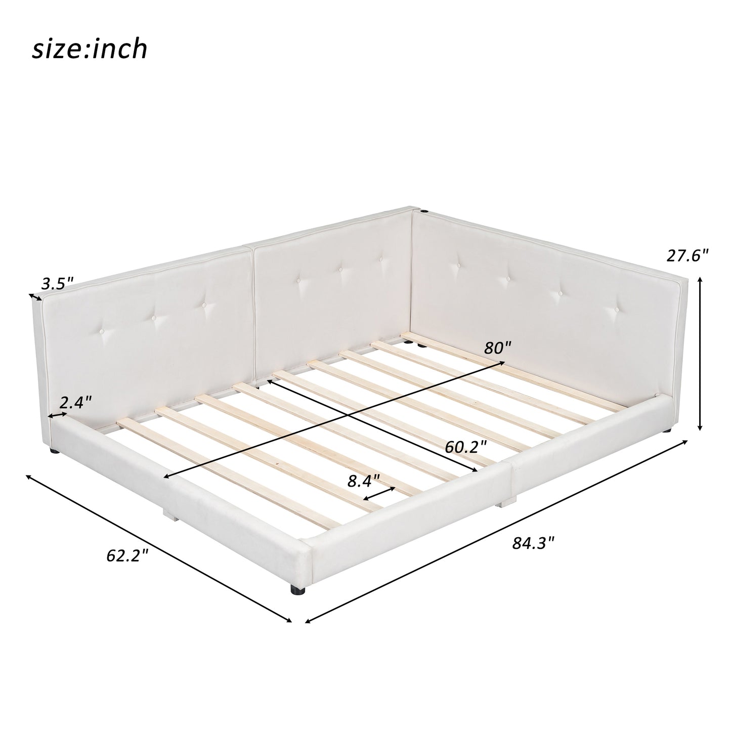 White upholstered corner bed frame with tufted headboard and wooden slats