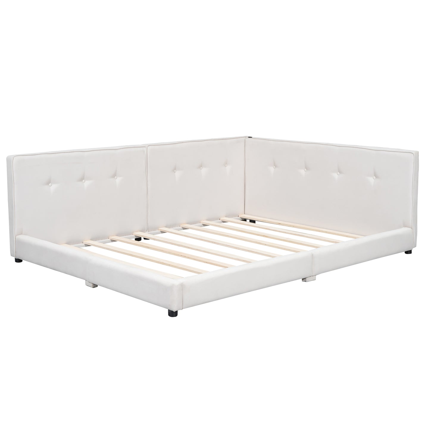 White tufted velvet upholstered platform bed frame