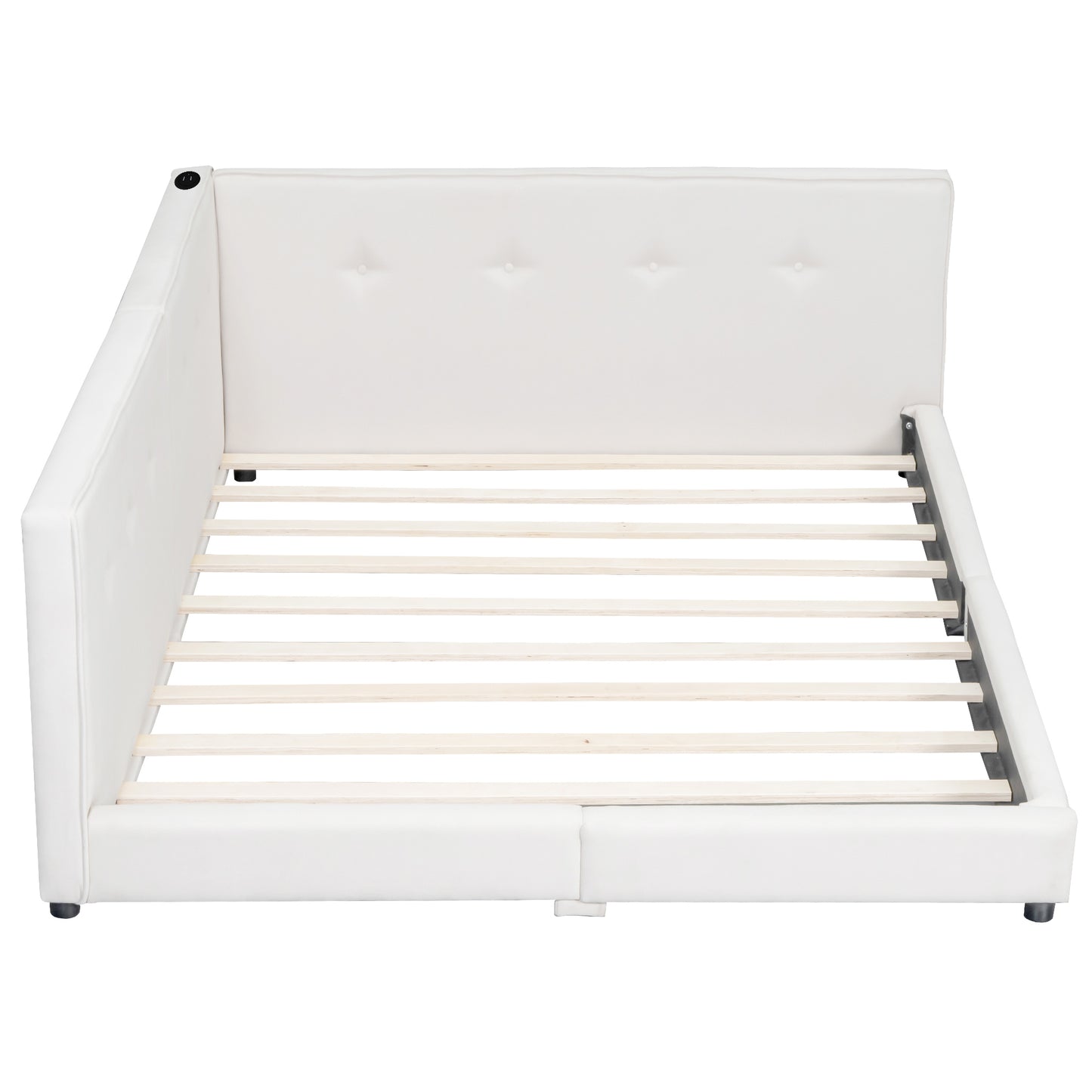 White upholstered bed frame with tufted headboard and wooden slats