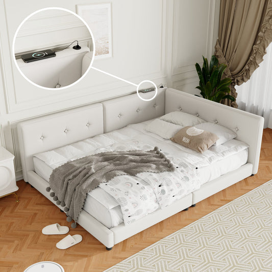 White upholstered bed frame with builtin wireless charger for smartphone