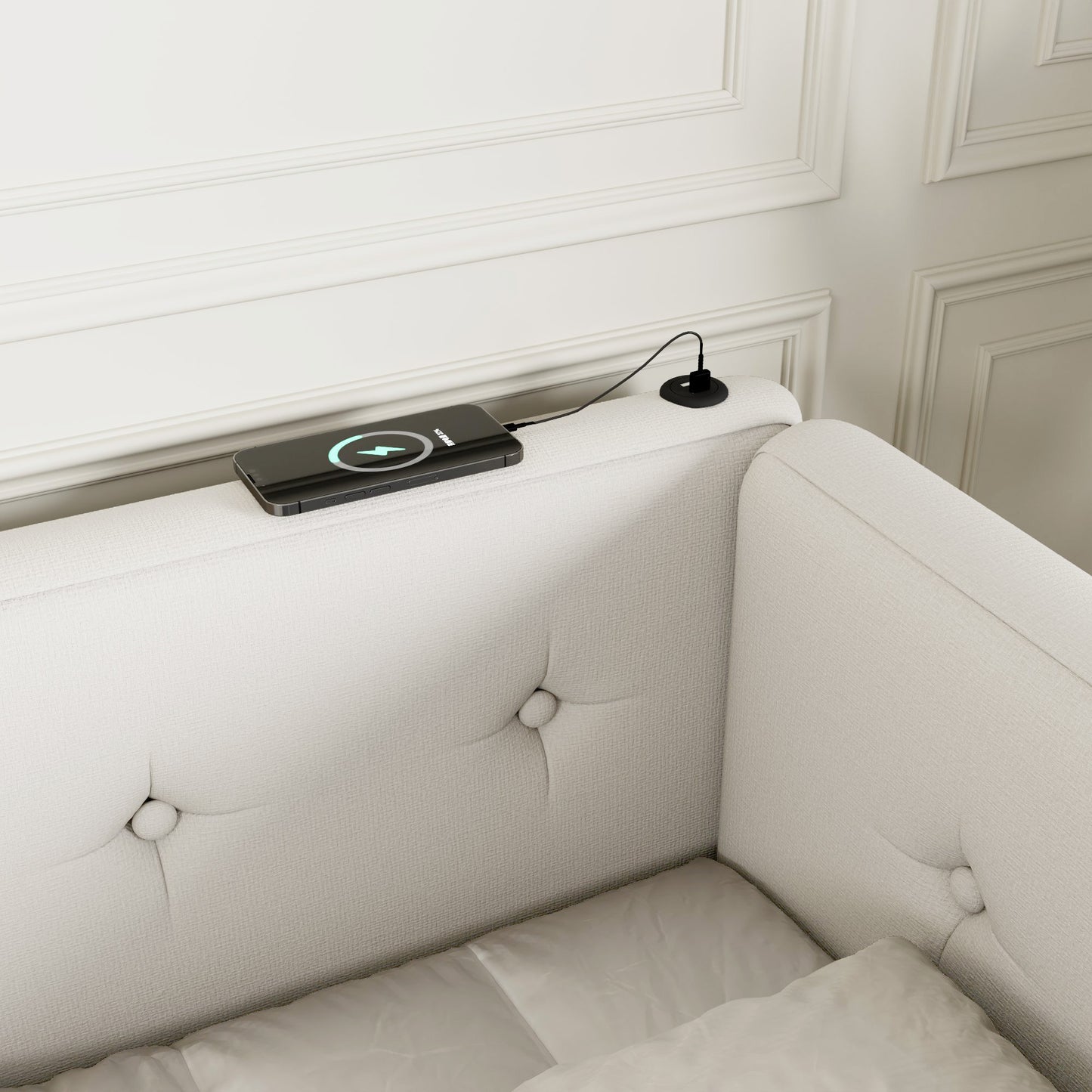 Smartphone wirelessly charging on a textured headboard with a lightning bolt icon