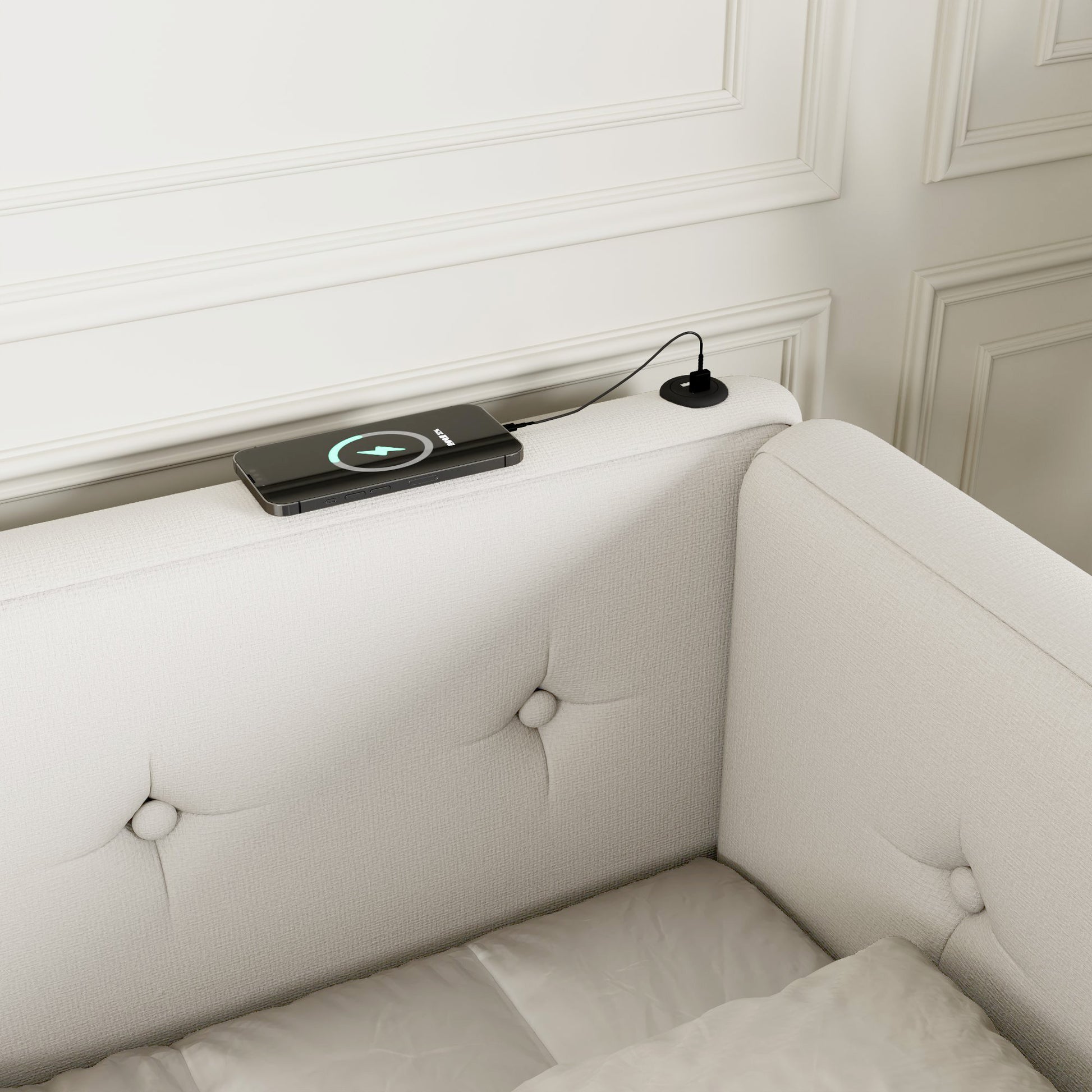 Smartphone wirelessly charging on a textured headboard with a lightning bolt icon