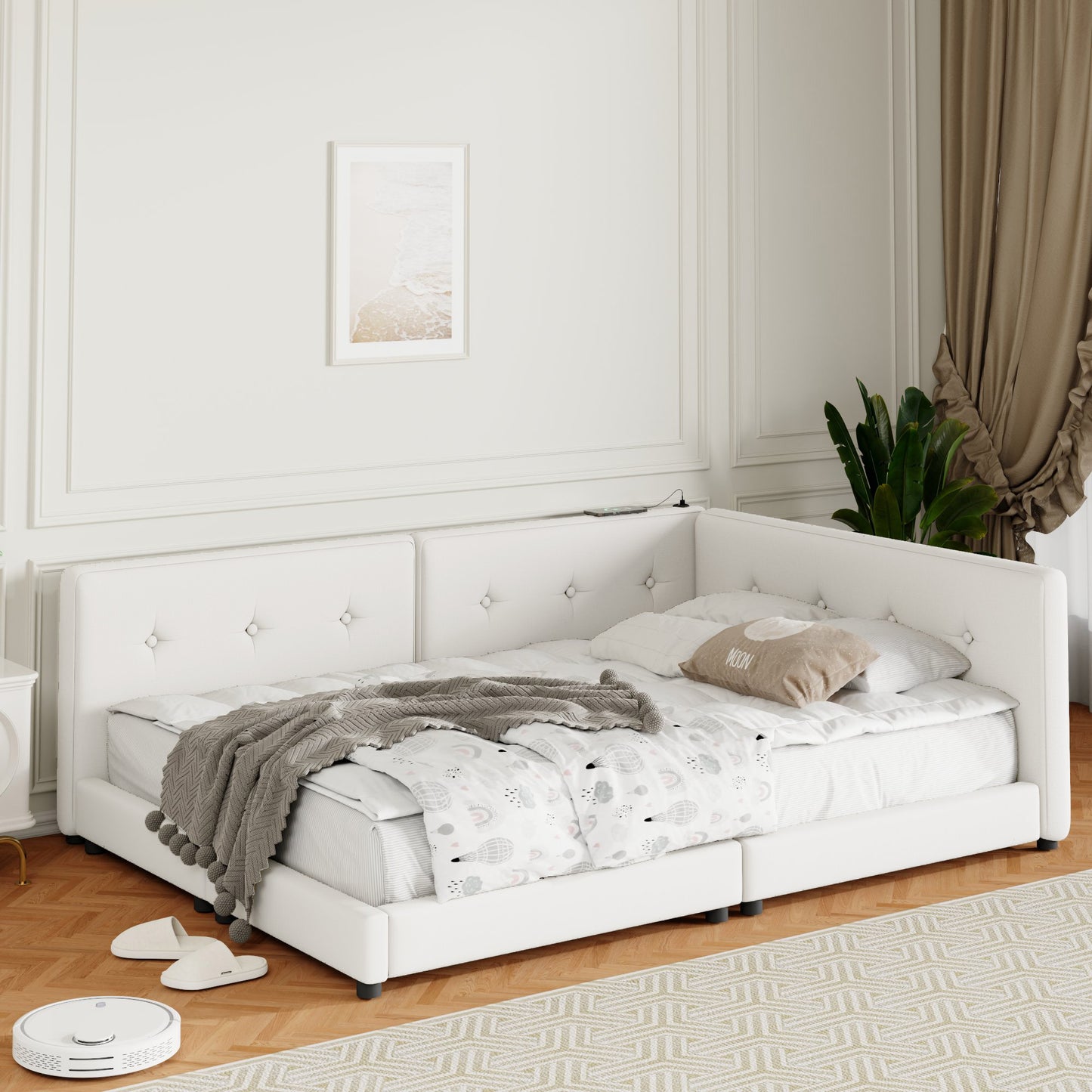White tufted upholstered sectional daybed with builtin charging