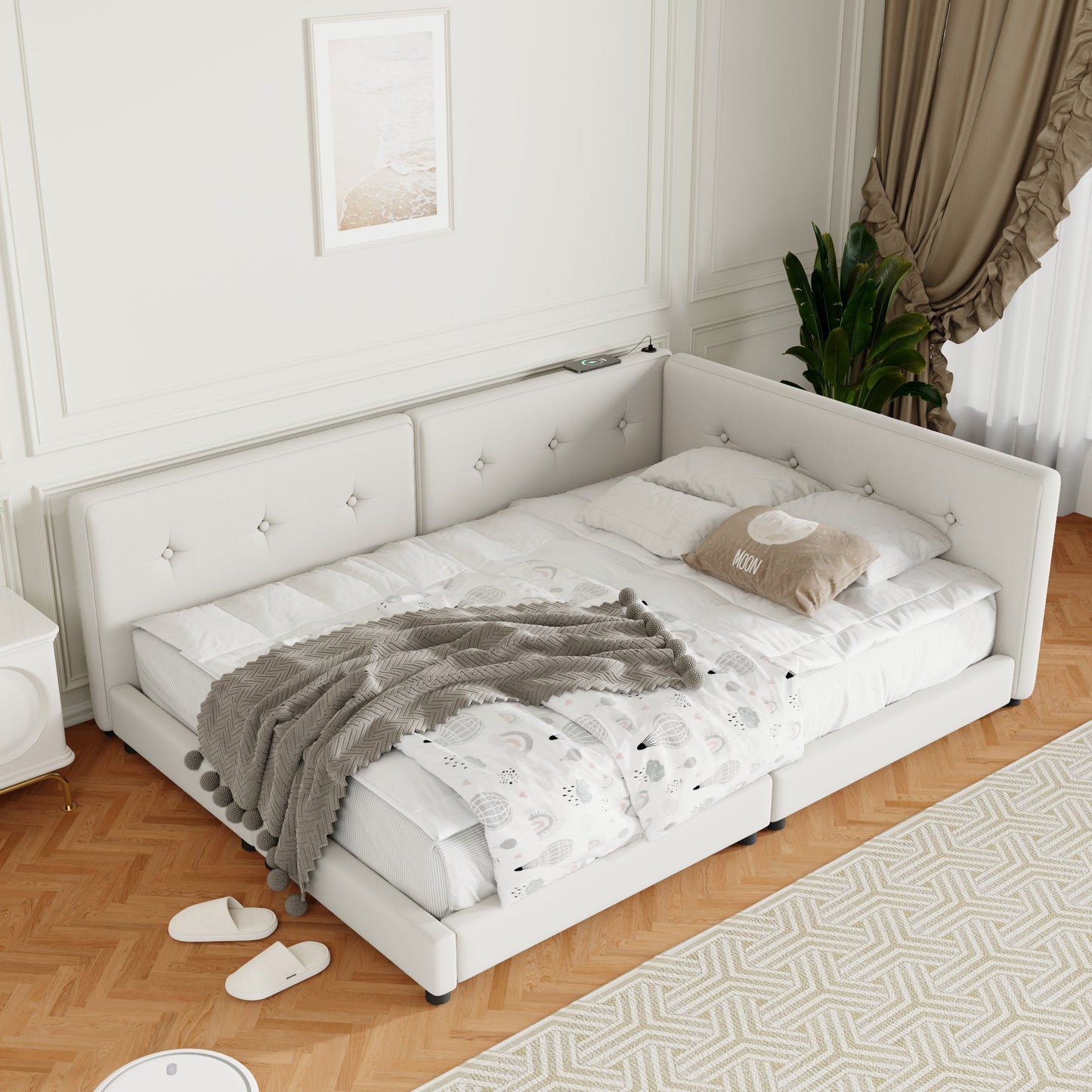 White tufted twin bed with plush bedding and decorative pillows