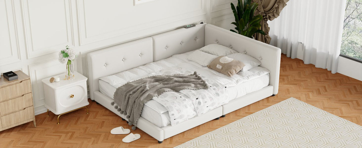 White tufted upholstered twin bed frame with integrated headboard and charging station