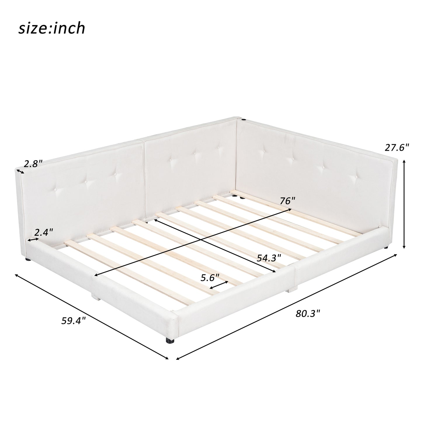 Tufted white fabric bed frame with wooden slats and dimensions