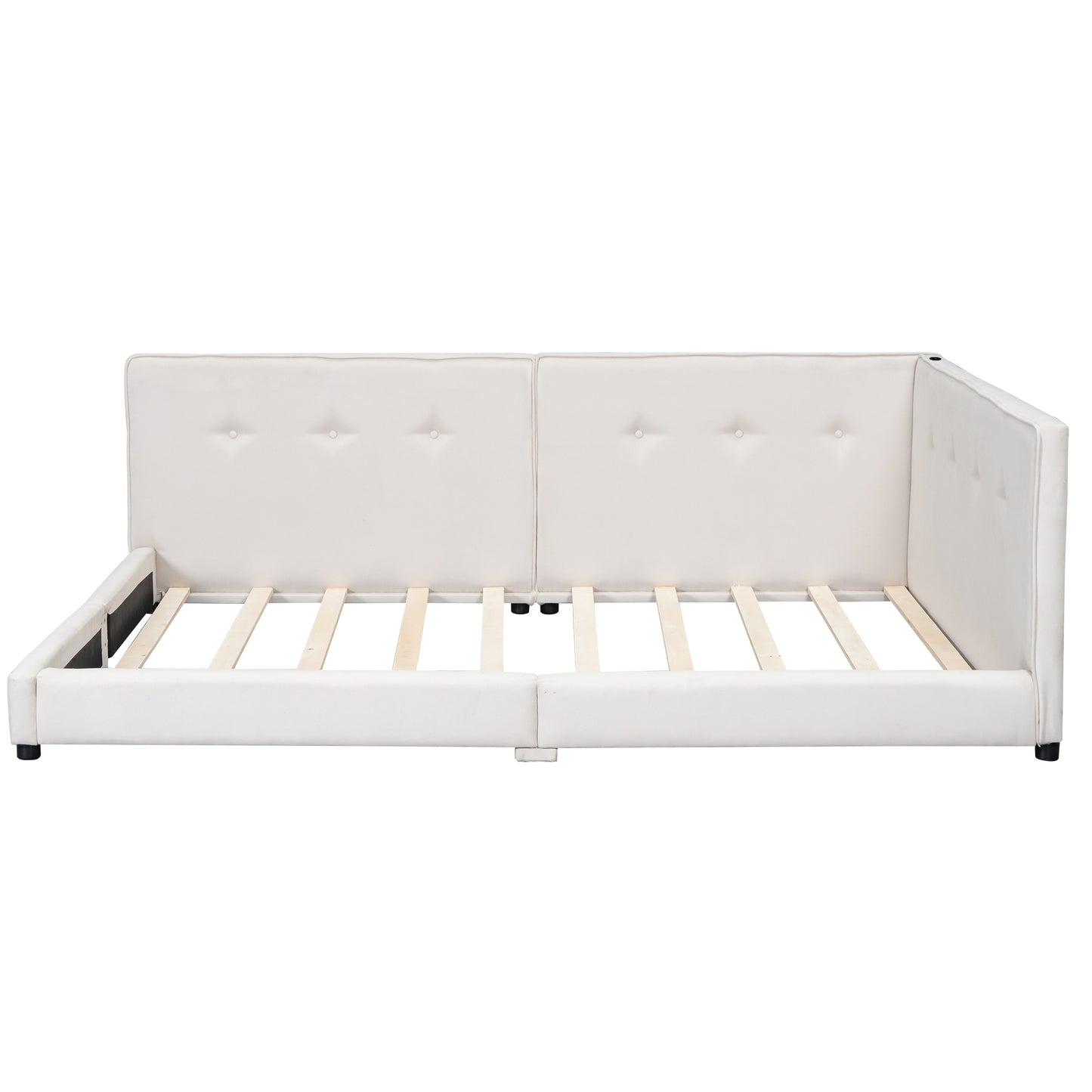 White upholstered daybed frame with button tufting and slatted support