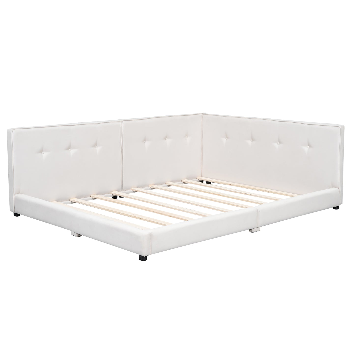White upholstered tufted bed frame with slatted base