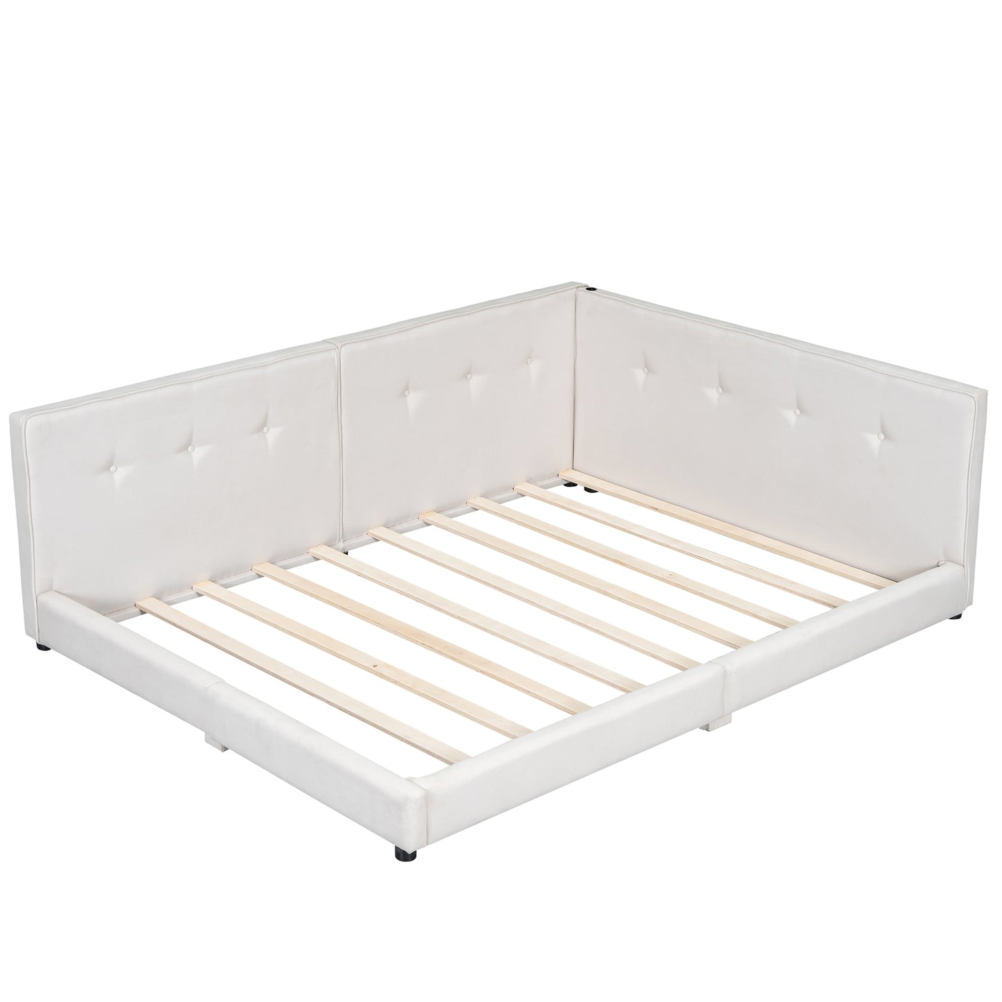 White upholstered tufted bed frame with wooden slats