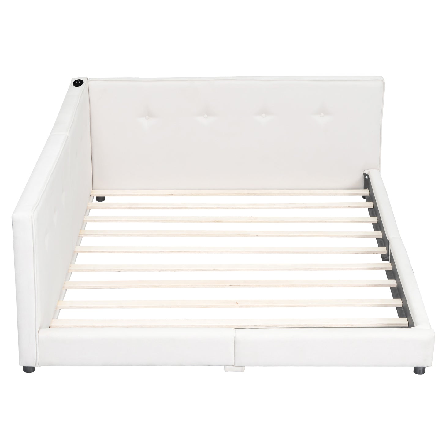 White tufted platform bed frame with builtin USB charger