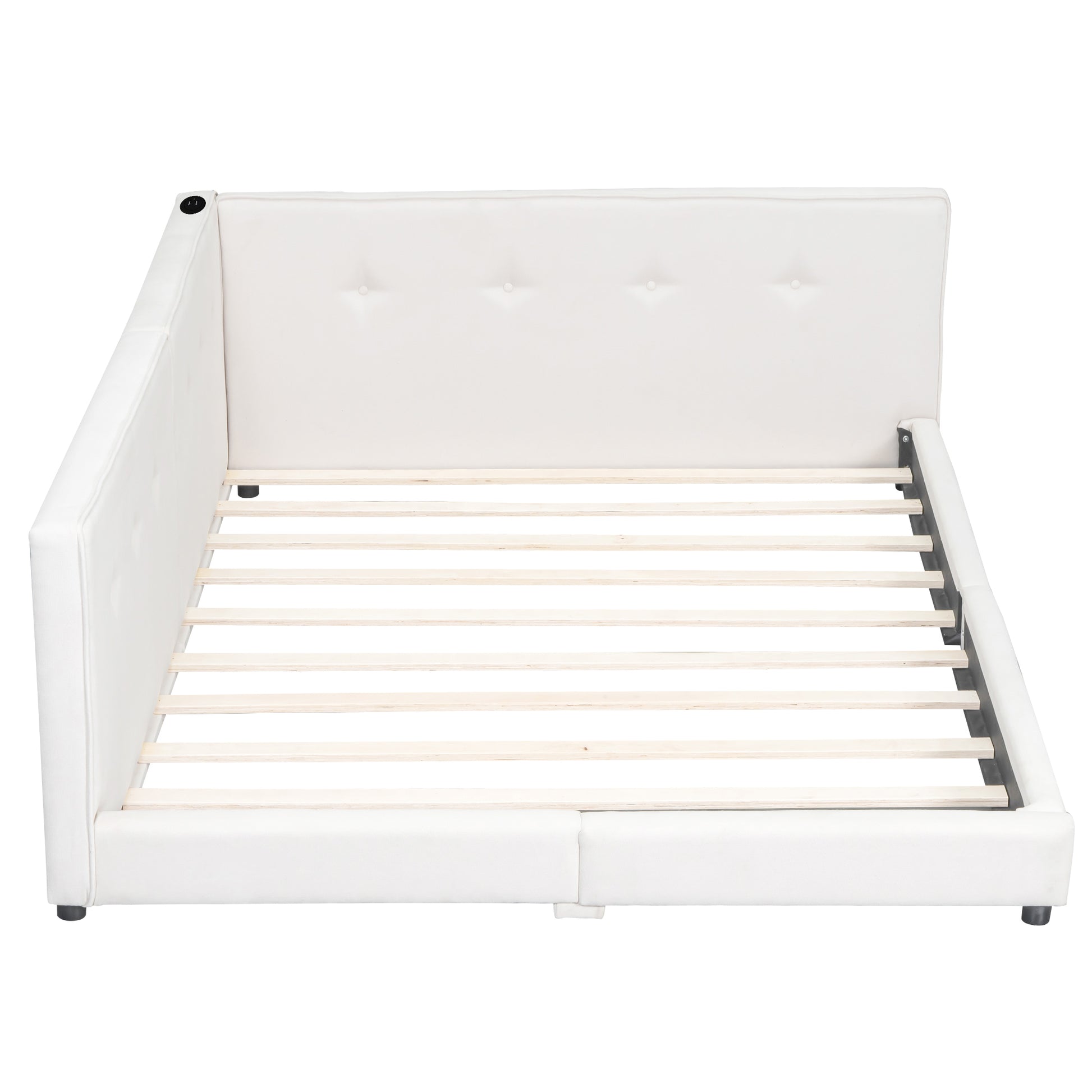 White tufted platform bed frame with builtin USB charger