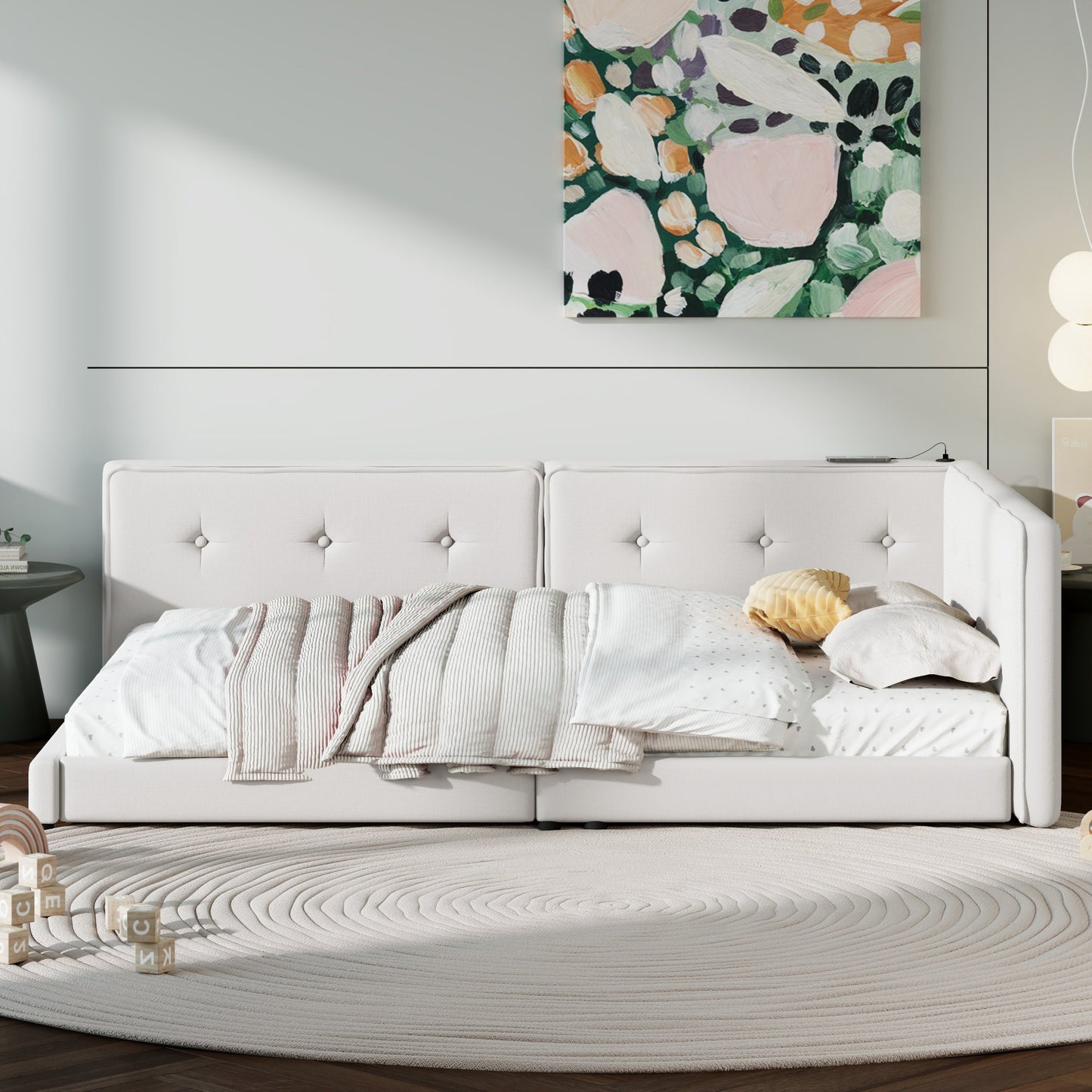 Tufted upholstered bed frame in cream with builtin charging