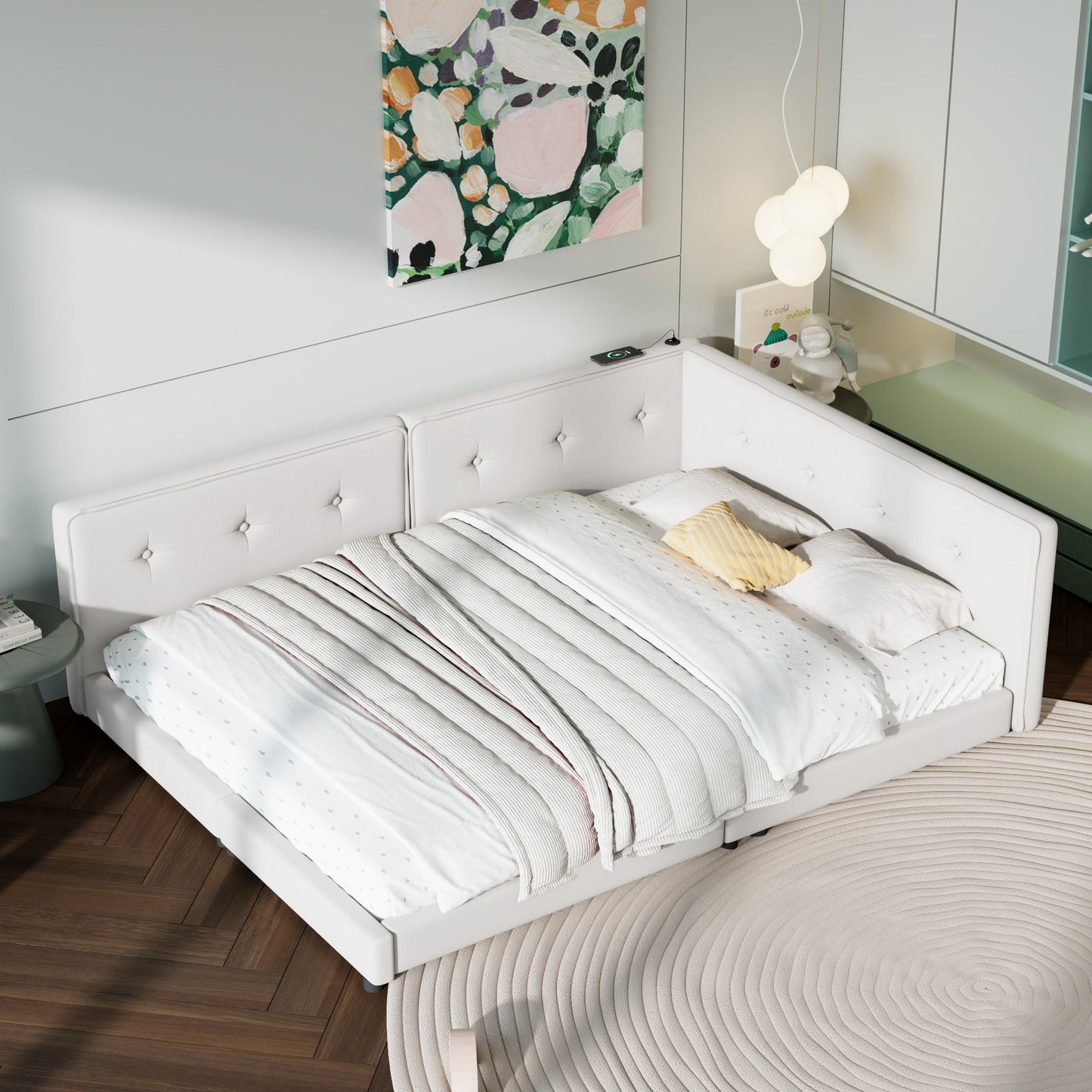 Tufted white fabric Lshaped sectional sofa bed with integrated charging station