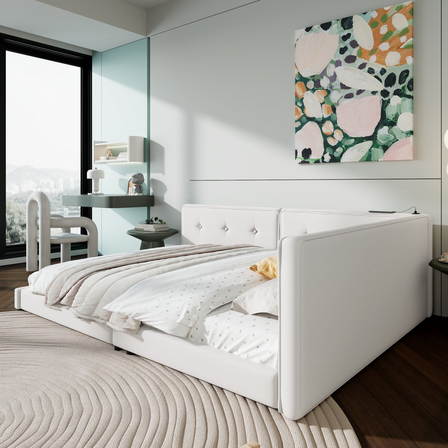 White upholstered tufted headboard bed frame with integrated charging station
