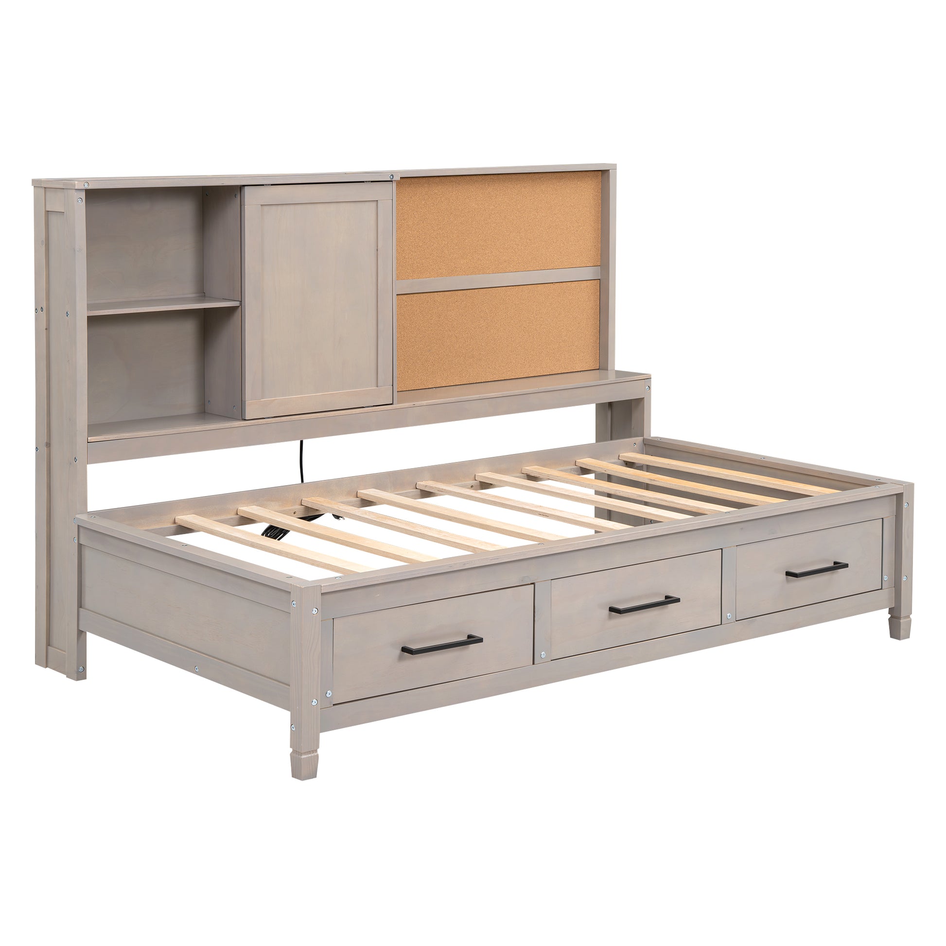 Gray wooden daybed with storage drawers and a builtin corkboard headboard