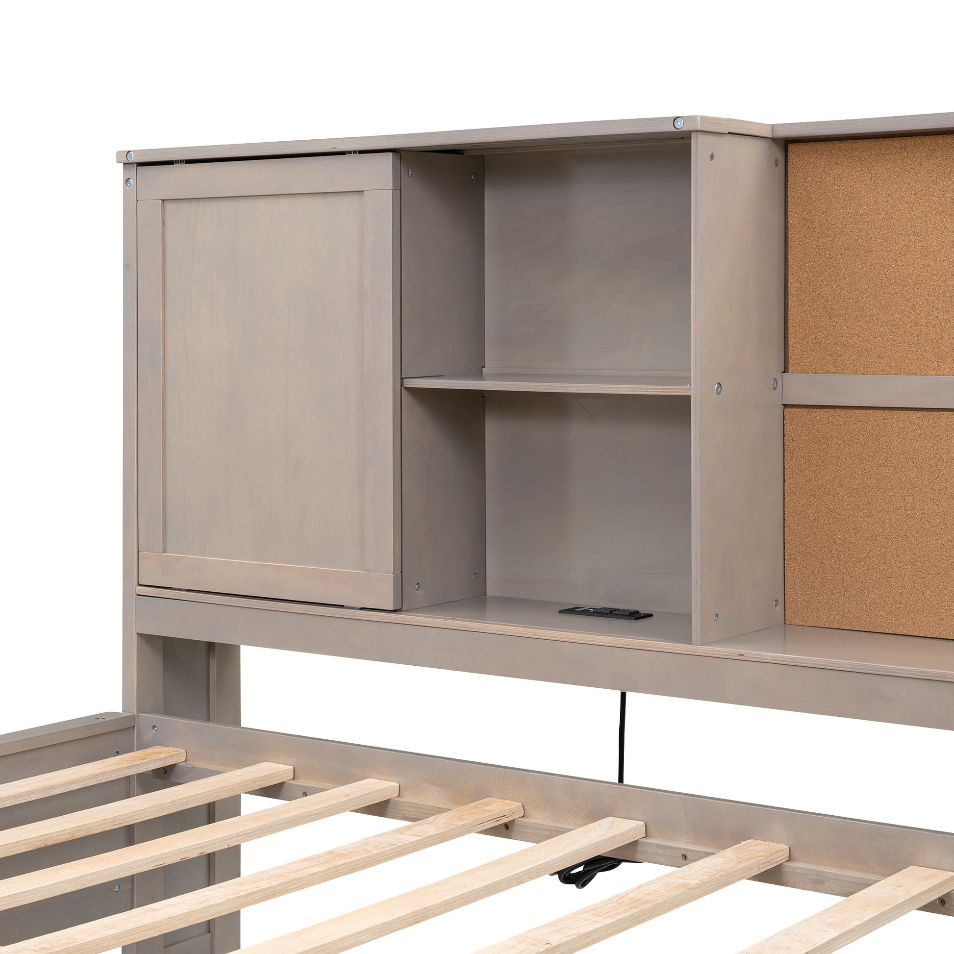 Gray wooden headboard with sliding door and corkboard