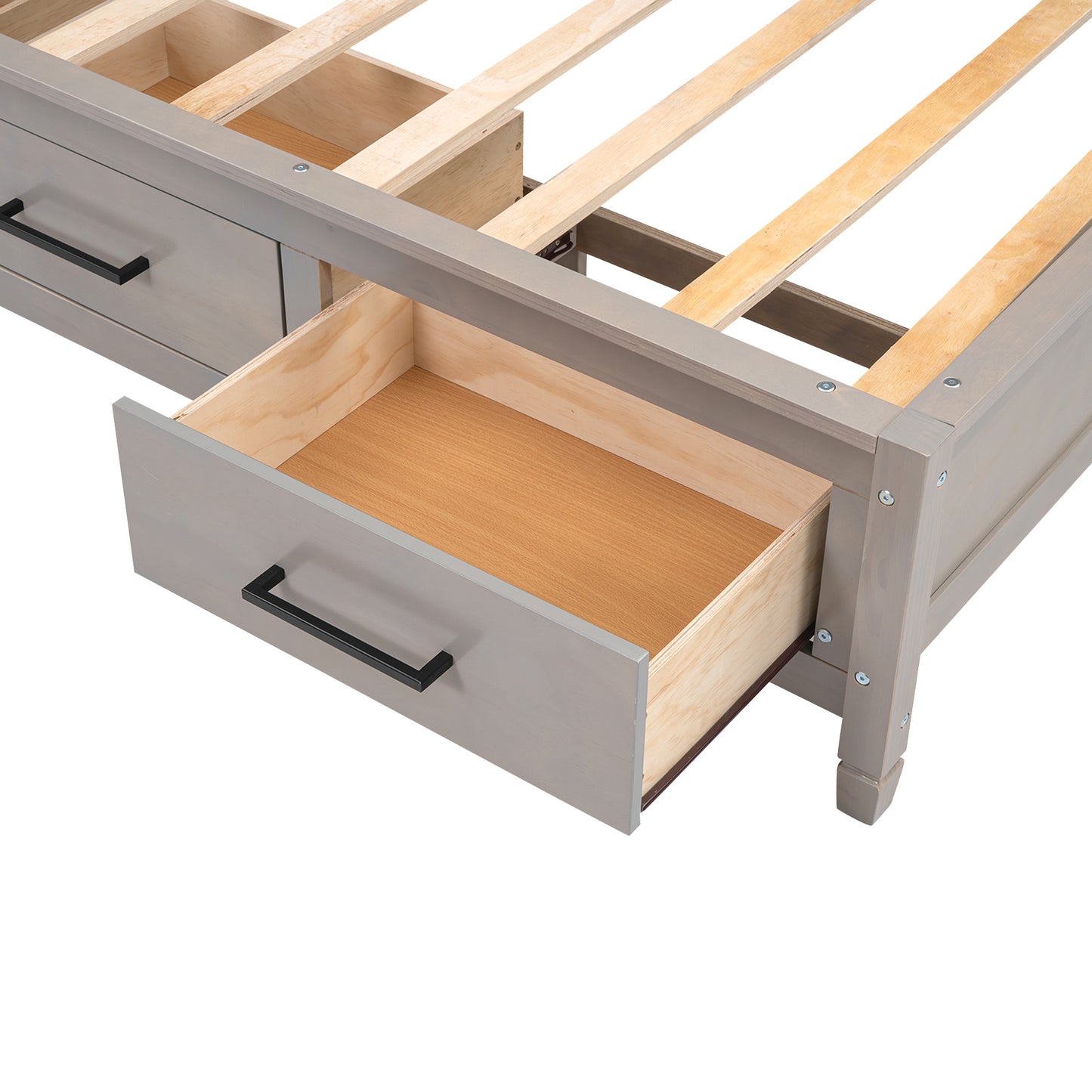 Gray wooden bed frame with two open storage drawers and black handles